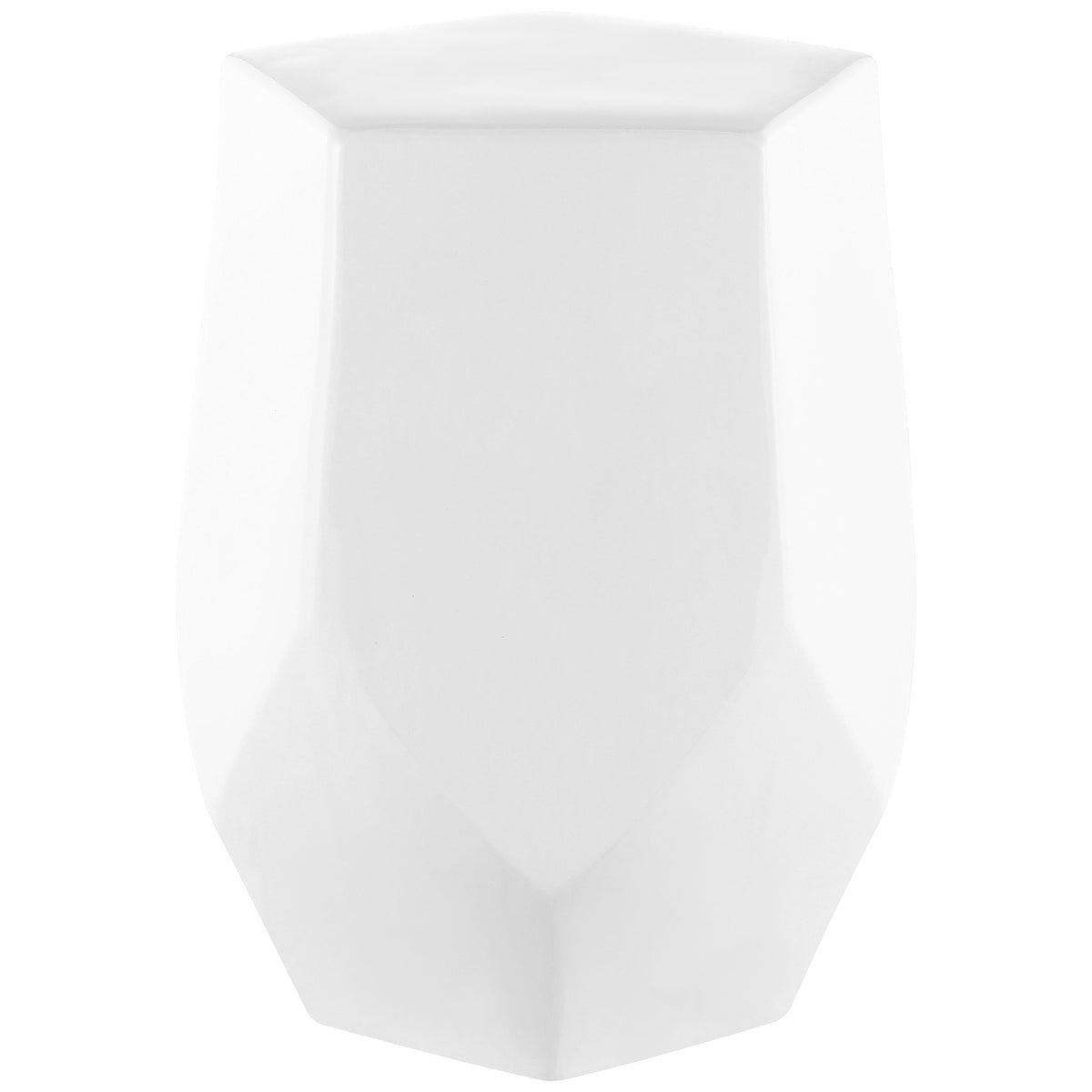 A white ceramic garden stool combines a pentagonal top with sleek, faceted sides || ACS4596A || front_angle_studio