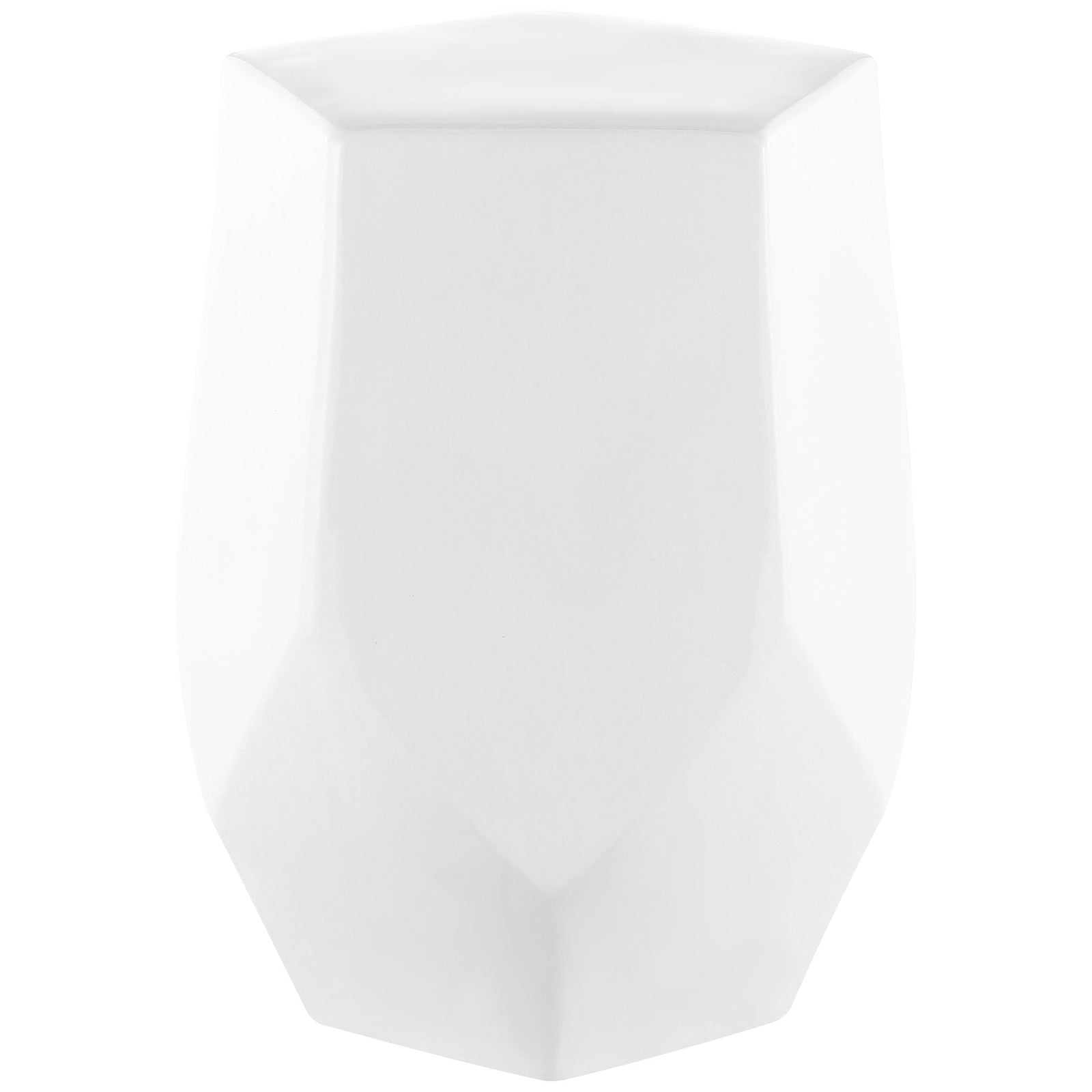 A white ceramic garden stool combines a pentagonal top with sleek, faceted sides || ACS4596A || front_angle_studio