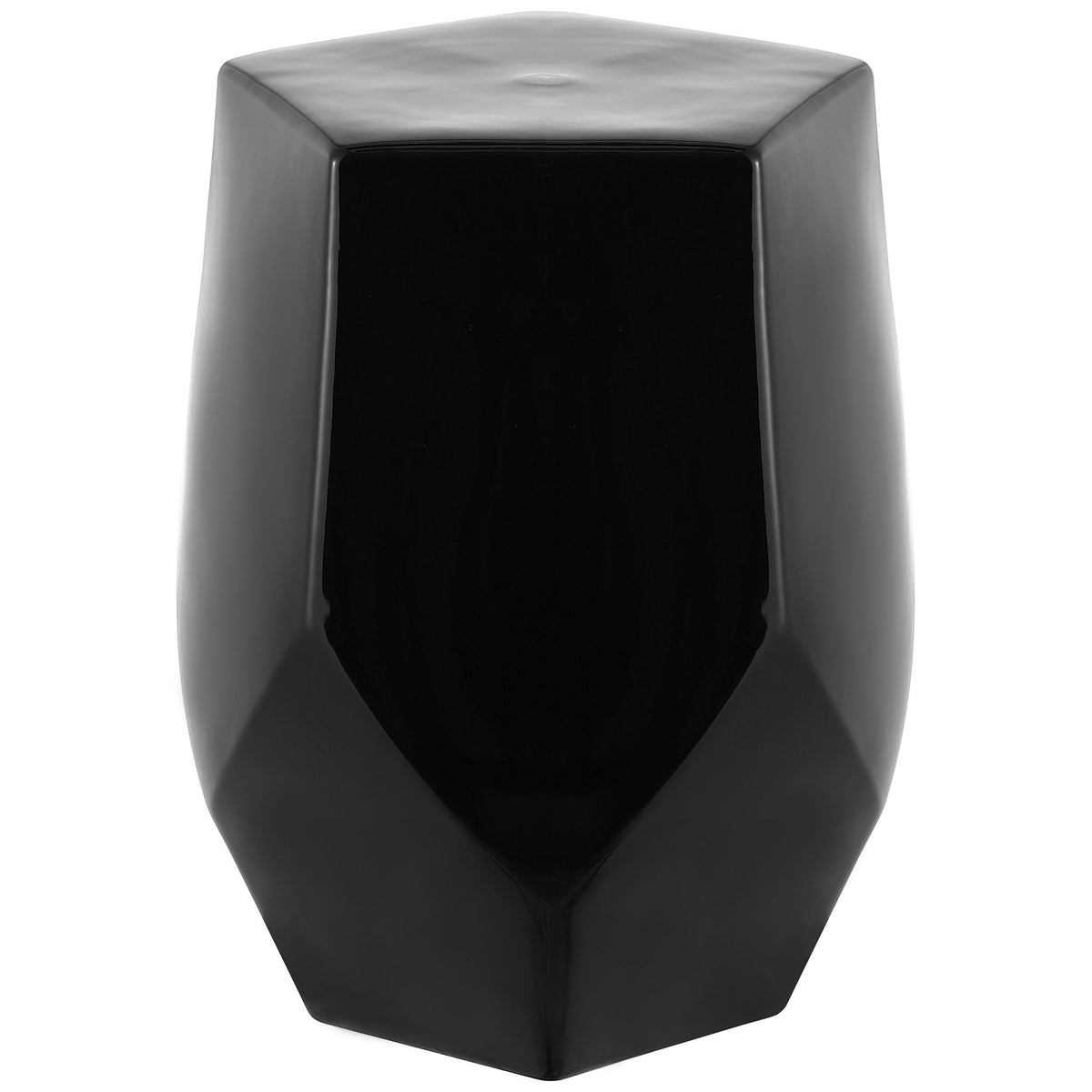A black ceramic garden stool pairs a pentagonal top with sculpted, faceted sides || ACS4596B || front_angle_studio