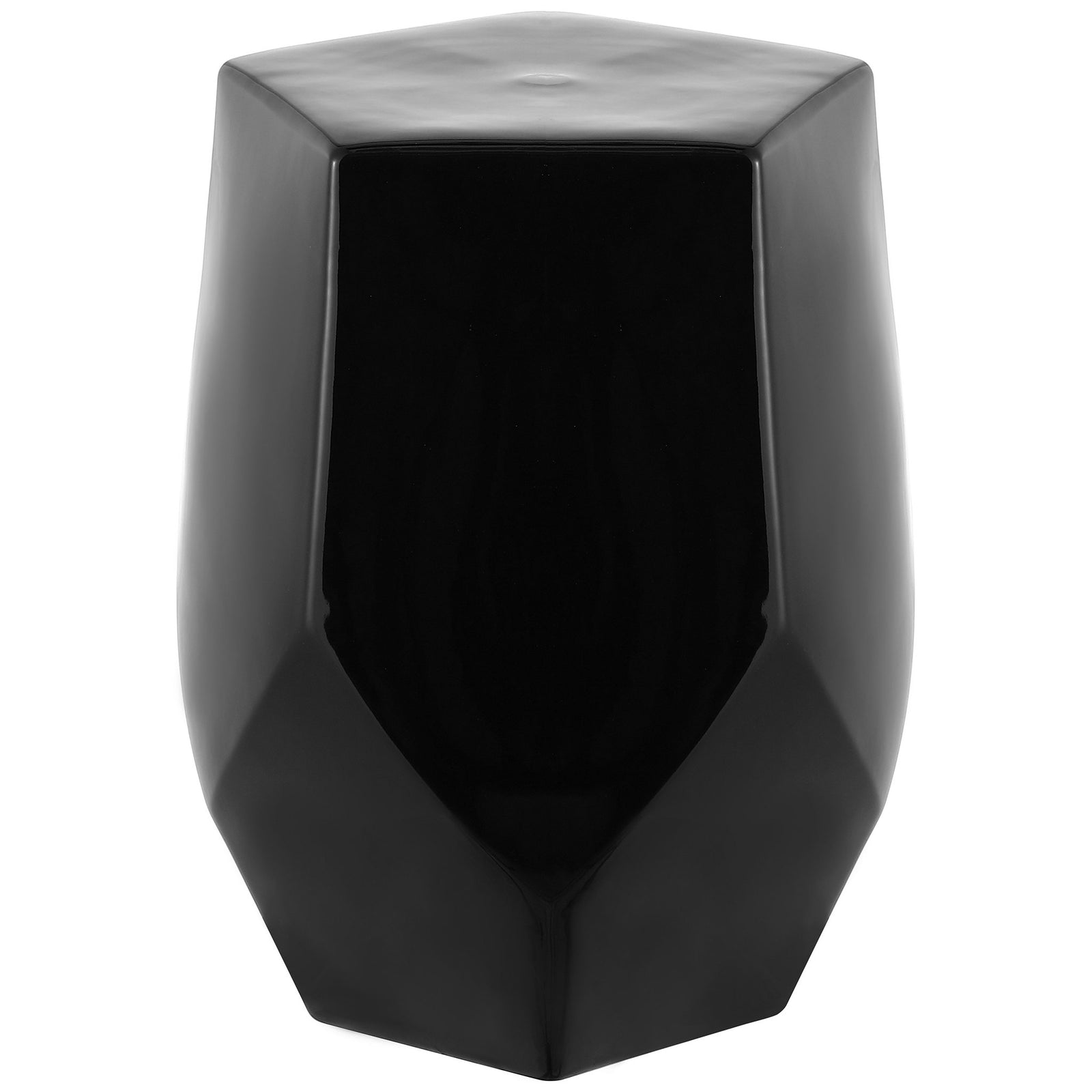 A black ceramic garden stool pairs a pentagonal top with sculpted, faceted sides || ACS4596B || front_angle_studio