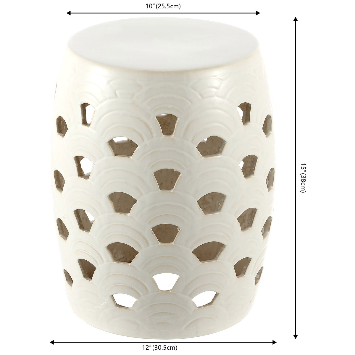 Cream ceramic stool stands 15 inches high with a 10-inch top and 12-inch base.