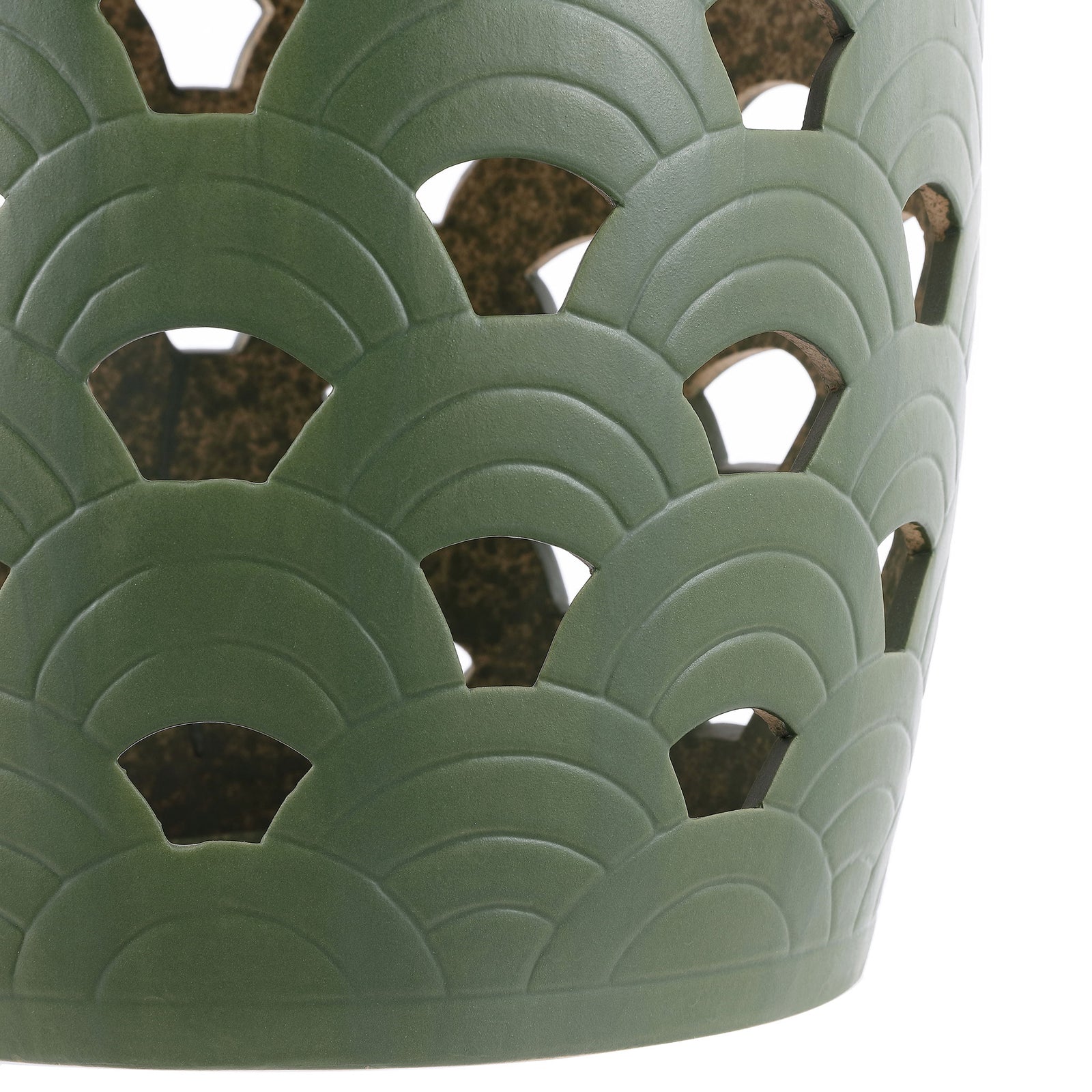 Arched relief and airy openings wrap around the moss green ceramic base. || ACS4597B || detail_studio