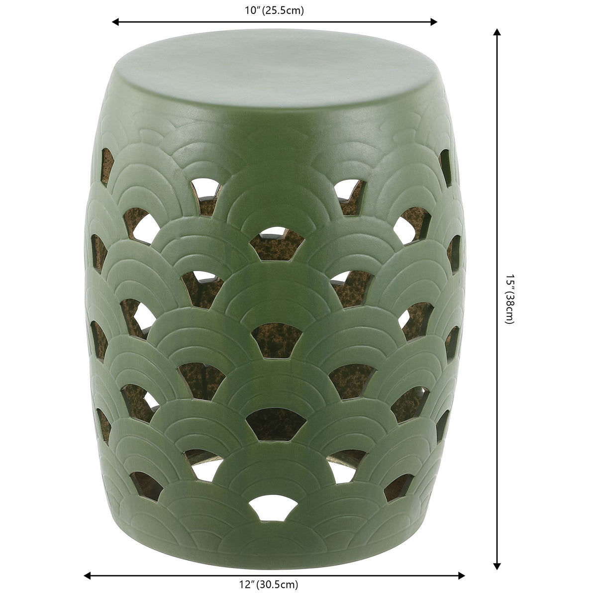 Moss green ceramic stool stands 15 inches high with a 10-inch top and 12-inch base.