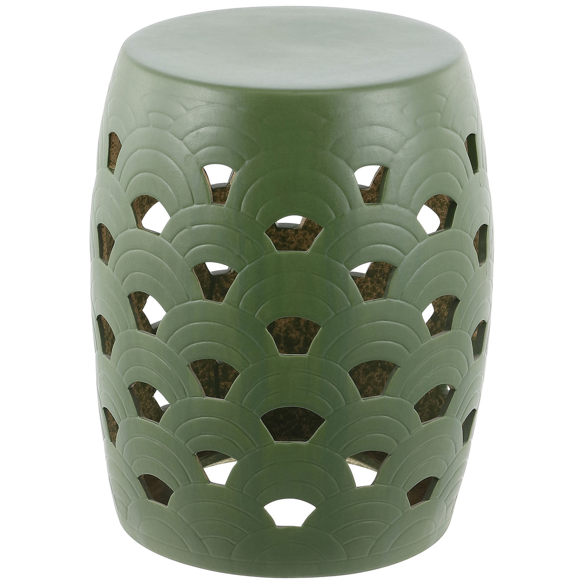 Moss green garden stool pairs layered arch motifs with open cutouts and a rounded silhouette. || ACS4597B || front_studio