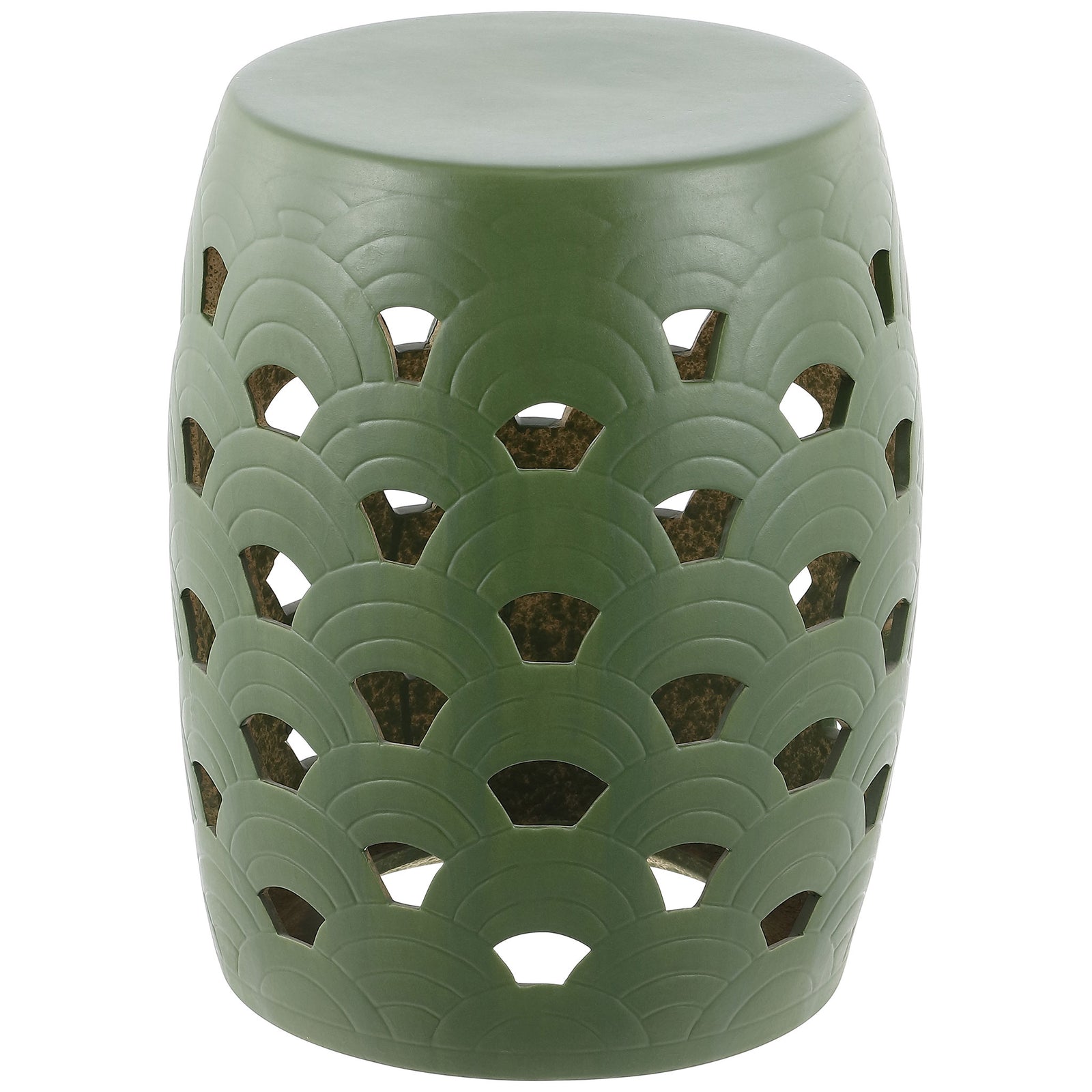 Moss green garden stool pairs layered arch motifs with open cutouts and a rounded silhouette. || ACS4597B || front_studio