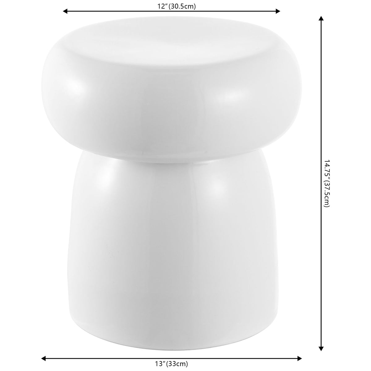 At 14.75 inches tall, the white ceramic stool has a 12-inch rounded top and a 13-inch base. || ACS4598A || dimension_studio