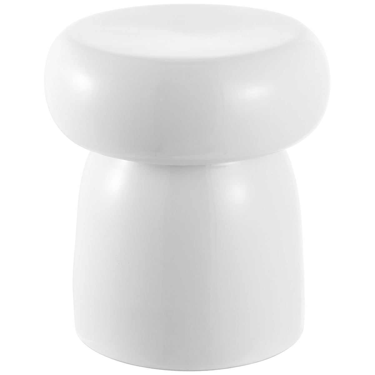 A sleek white ceramic garden stool balances a broad rounded seat on a tapered pedestal. || ACS4598A || front_studio