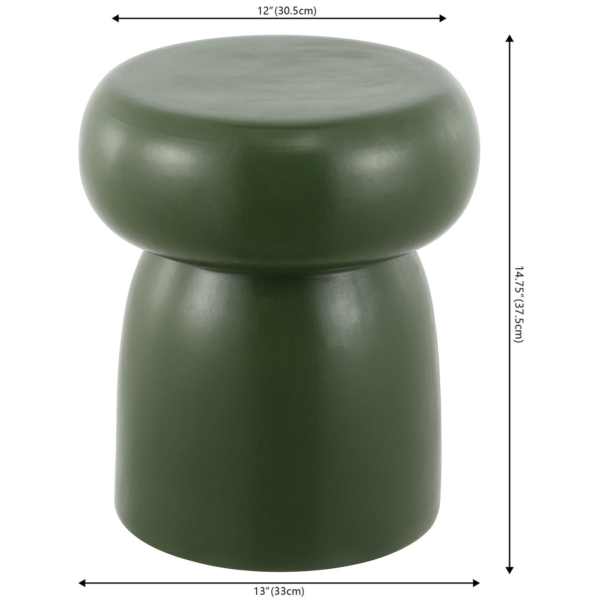 The moss green ceramic stool stands 14.75 inches tall, with a 12-inch top and 13-inch base. || ACS4598C || dimension_studio