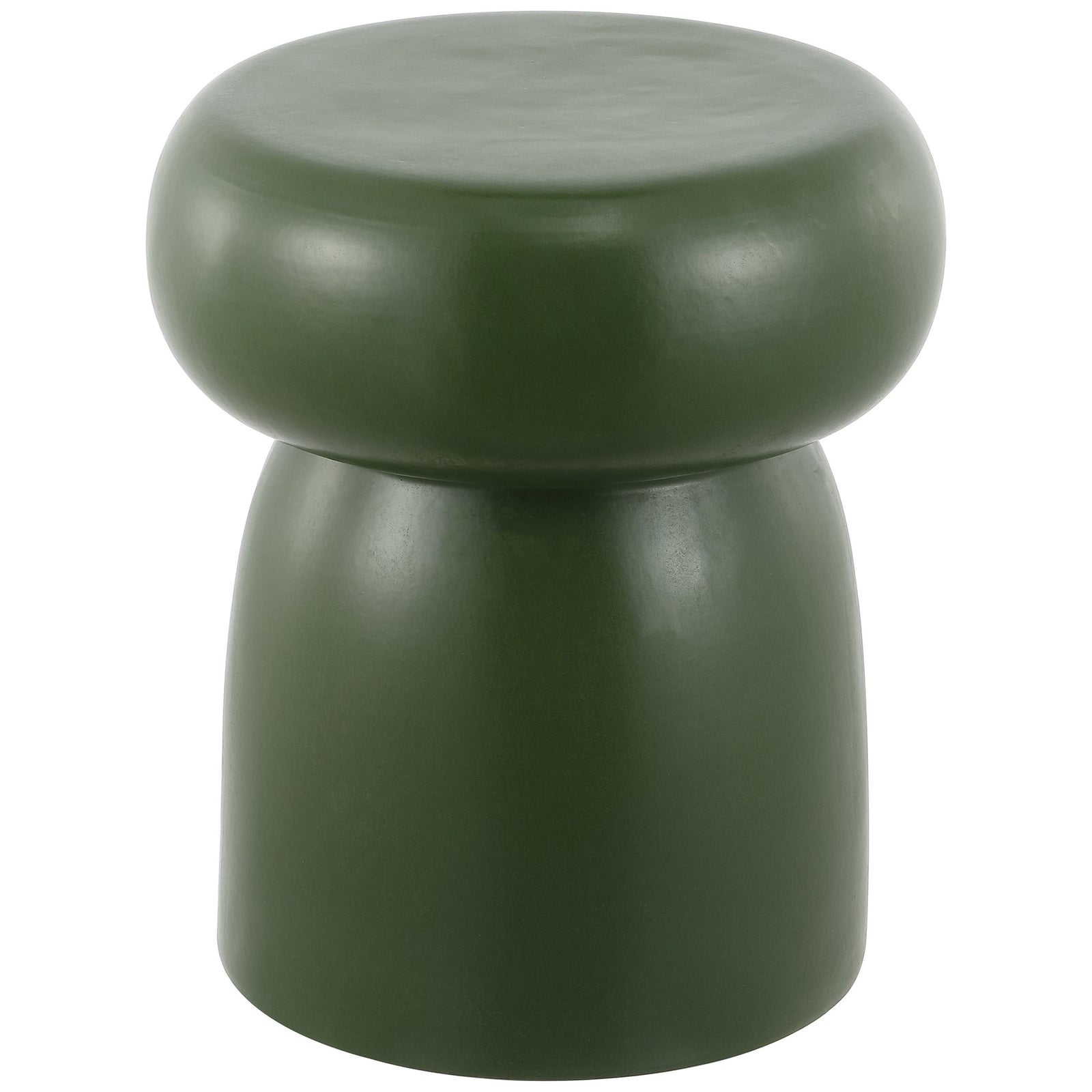 A moss green ceramic garden stool pairs a rounded seat with a softly tapered pedestal base. || ACS4598C || front_studio