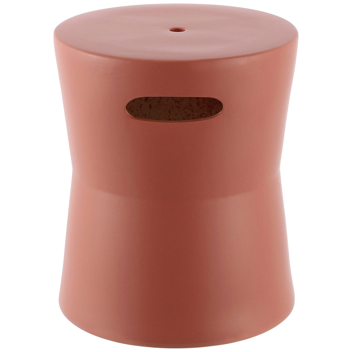 Terracotta ceramic garden stool pairs a round seat with an hourglass shape and oval handhold || ACS4599B || front_angle_studio