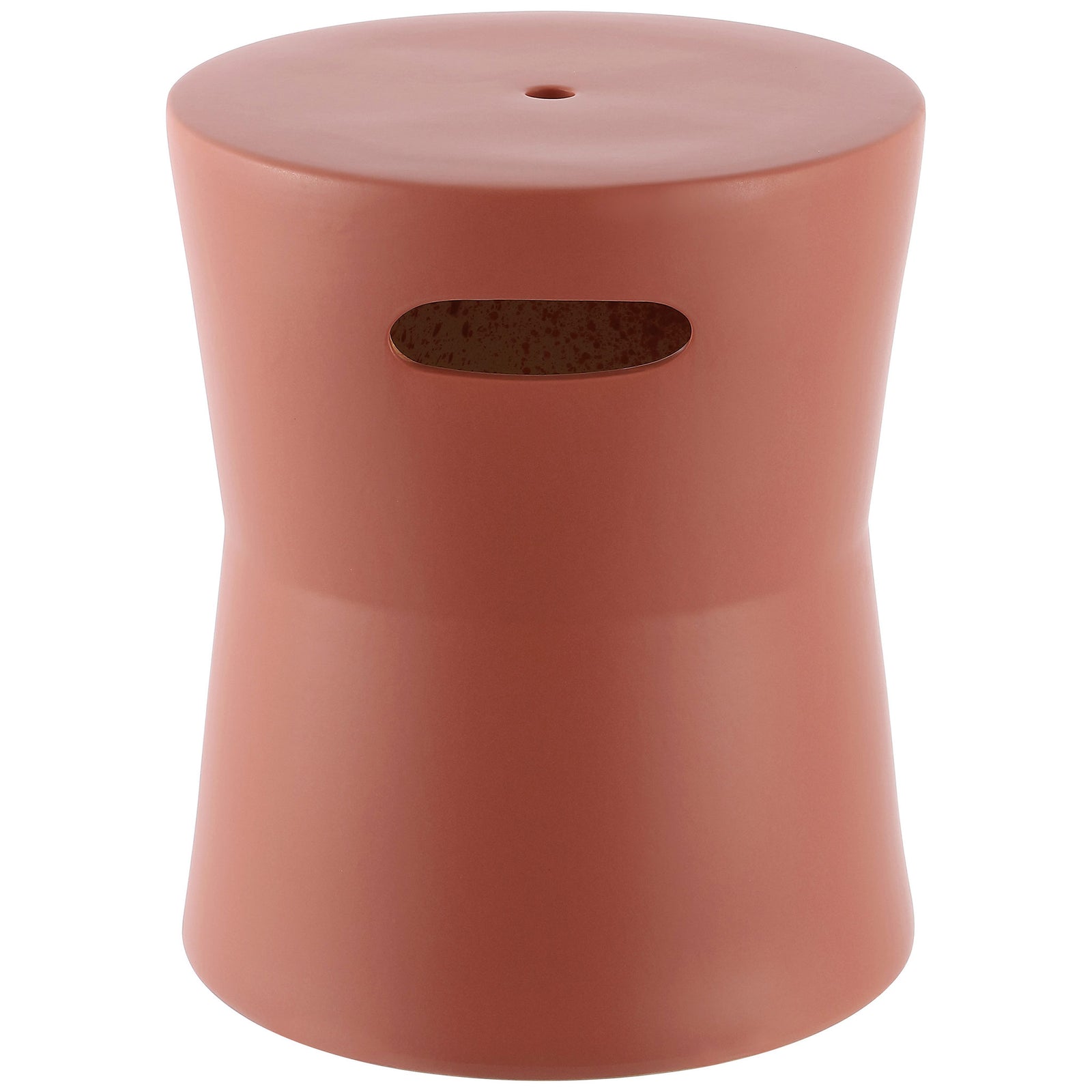 Terracotta ceramic garden stool pairs a round seat with an hourglass shape and oval handhold || ACS4599B || front_angle_studio