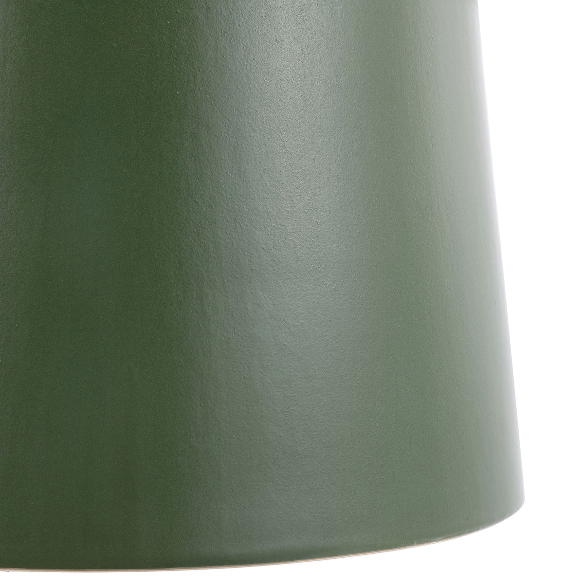 A gently flared base grounds the moss-green ceramic stool's sculpted shape