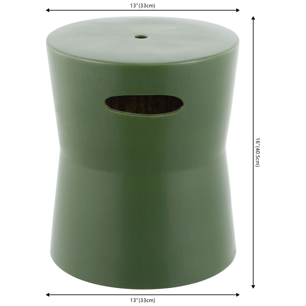 Moss-green ceramic garden stool measures 13 inches wide and 16 inches tall || ACS4599D || dimension_studio