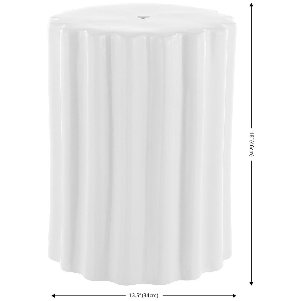 White fluted ceramic garden stool measures 13.5 inches wide and 18 inches high || ACS4600A || dimension_studio
