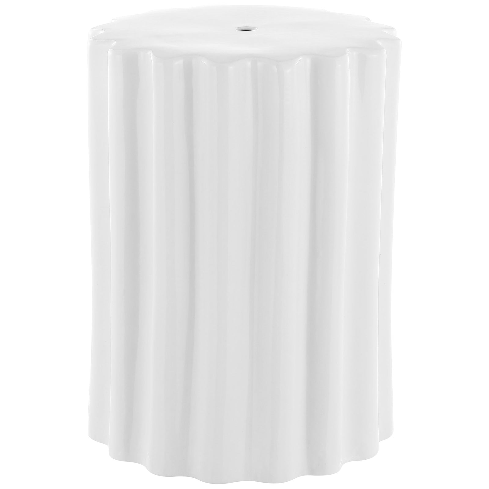 White glazed ceramic garden stool features a scalloped top and elegant fluted sides || ACS4600A || front_angle_studio