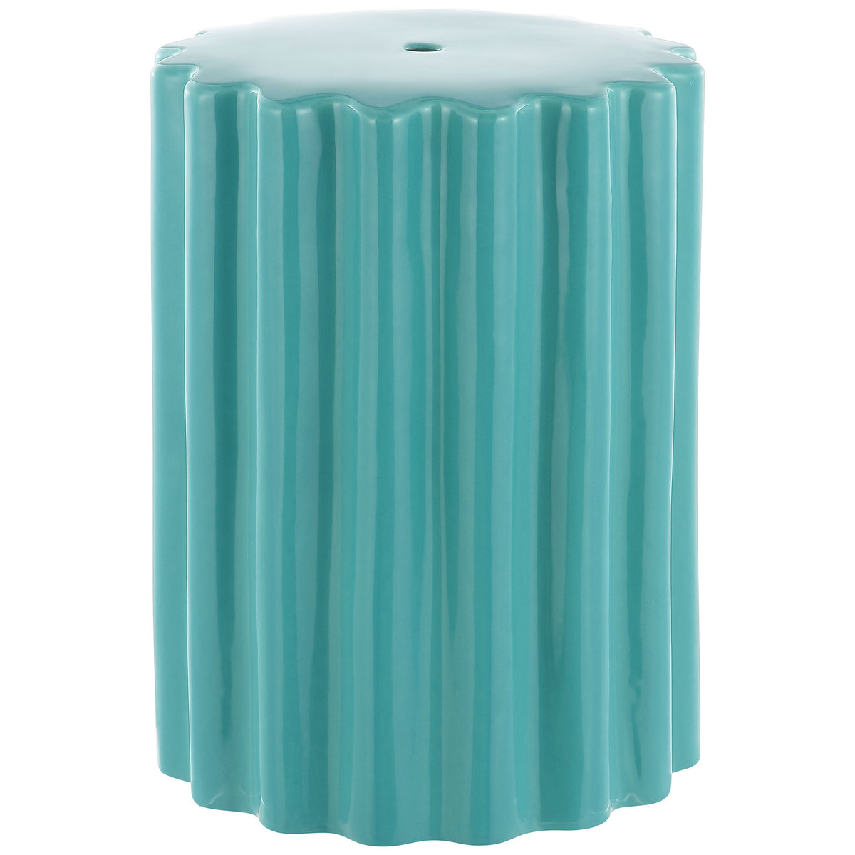 Robin's egg blue ceramic garden stool with a glossy finish and sculptural fluting || ACS4600B || front_angle_studio