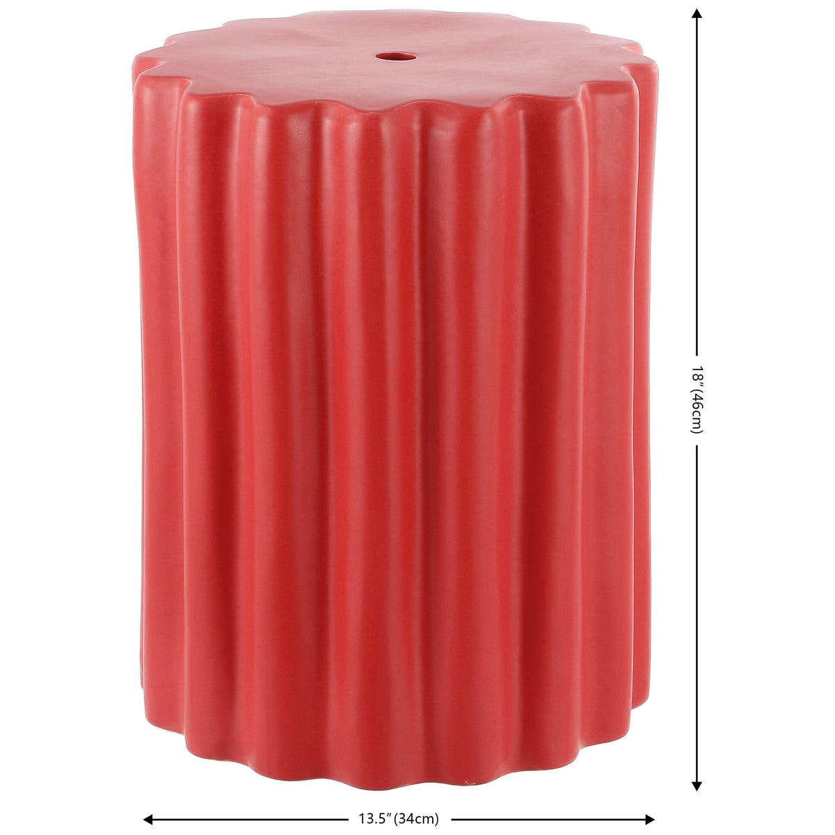 Bright red fluted ceramic garden stool measures 13.5 inches wide and 18 inches high