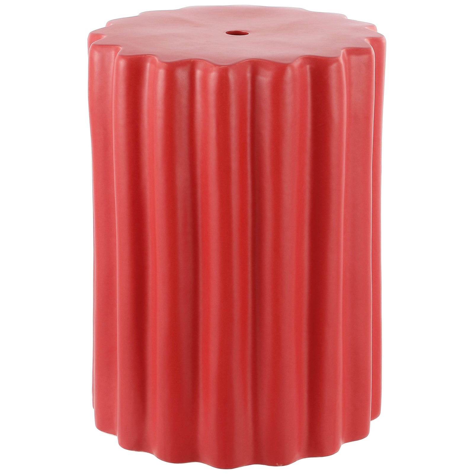 Bright red ceramic garden stool with a scalloped top and bold, fluted sides || ACS4600F || front_angle_studio