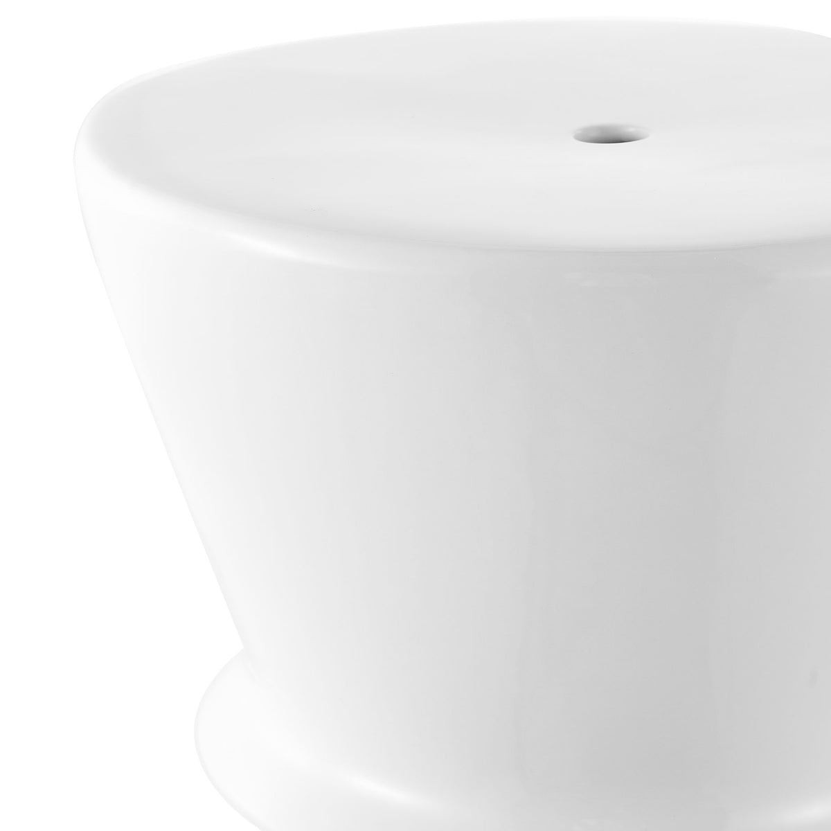 A smooth white ceramic top features a small center opening and a softly rounded edge. || ACS4601A || detail_studio