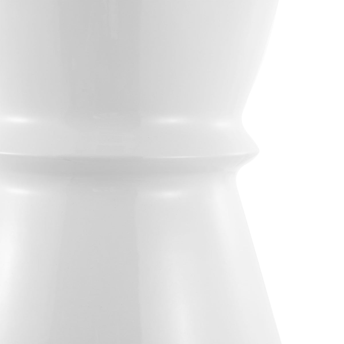 A raised band wraps around the cinched waist of this glossy white ceramic stool.