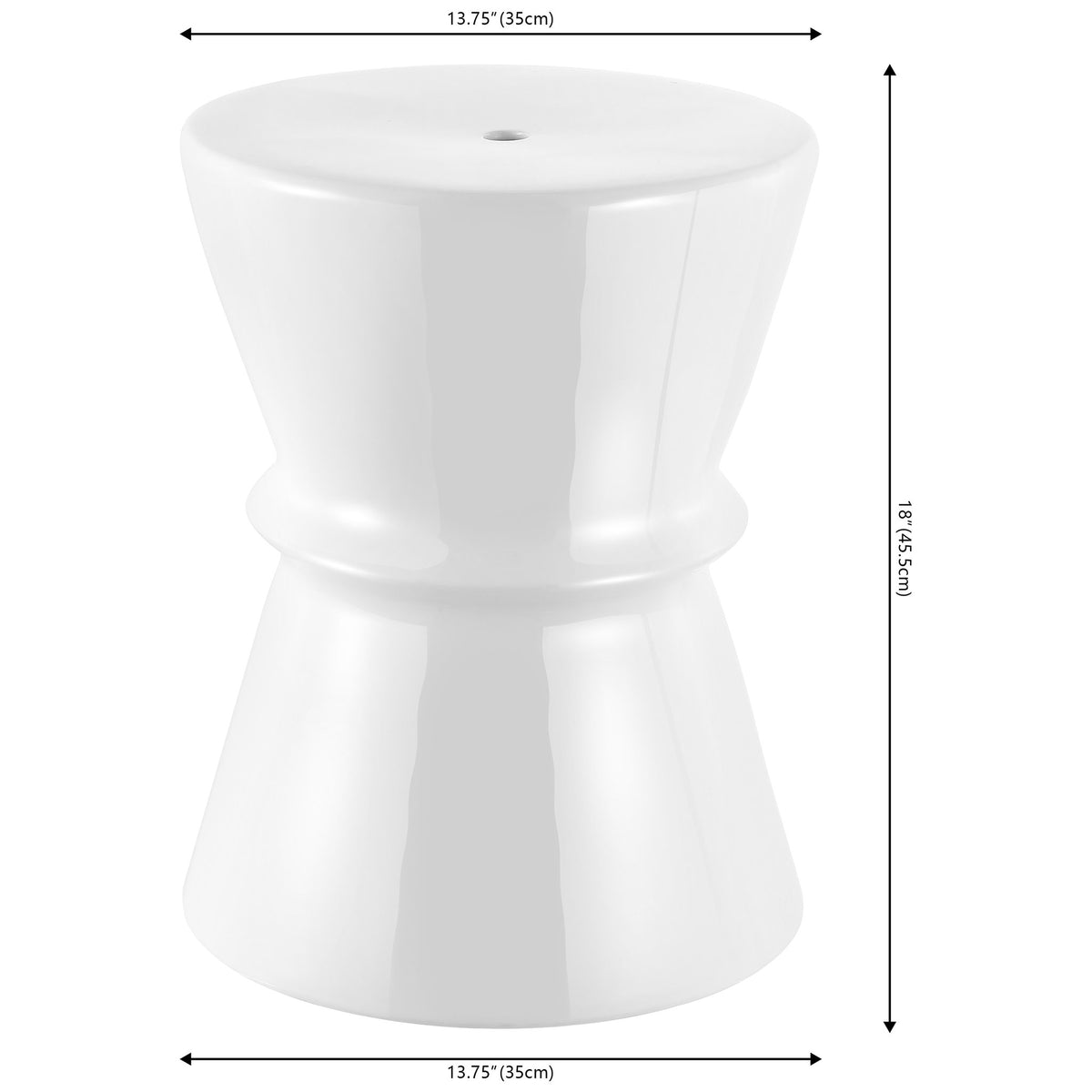 The white ceramic garden stool measures 13.75 inches across and 18 inches tall. || ACS4601A || dimension_studio