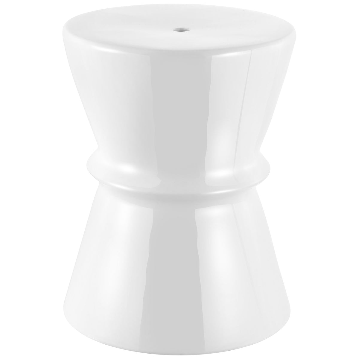 A glossy white ceramic garden stool has a round top, contoured middle, and flared base. || ACS4601A || front_studio