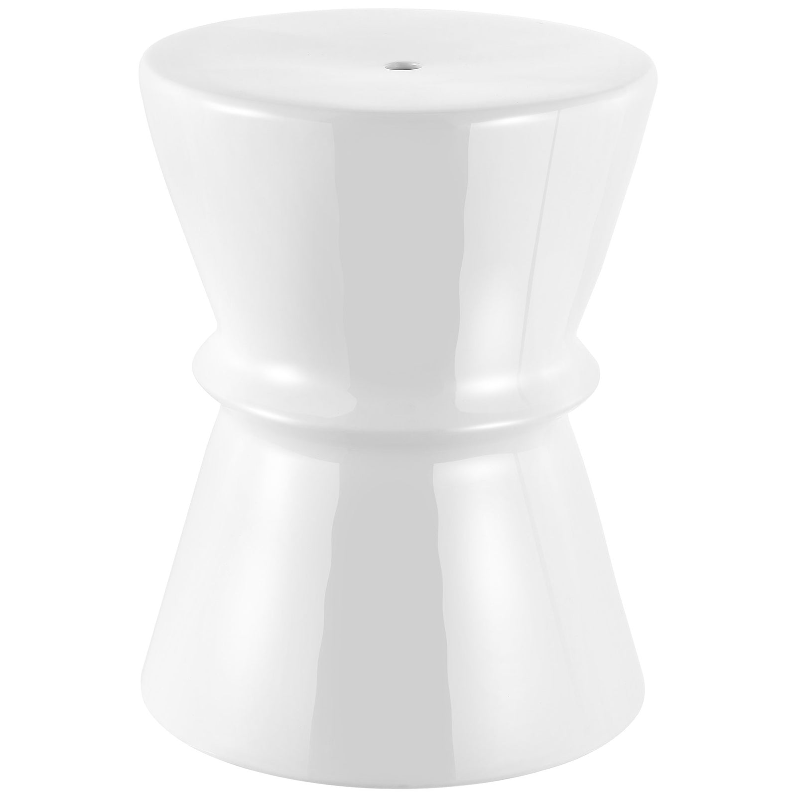 A glossy white ceramic garden stool has a round top, contoured middle, and flared base. || ACS4601A || front_studio