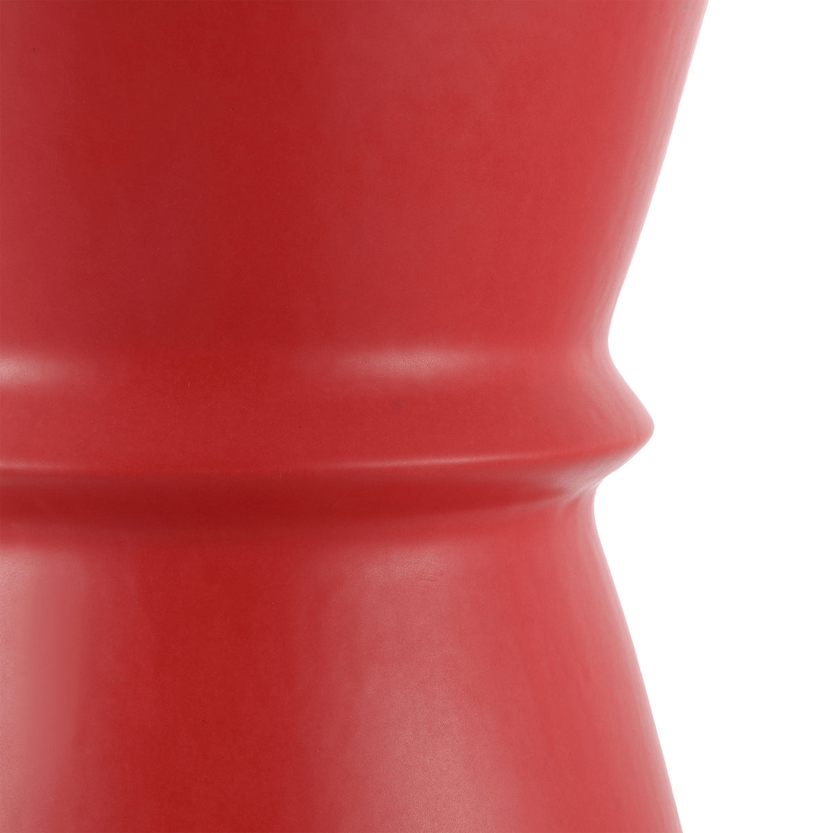 A sculpted ring cinches the middle of this bright red ceramic garden stool. || ACS4601C || detail_studio