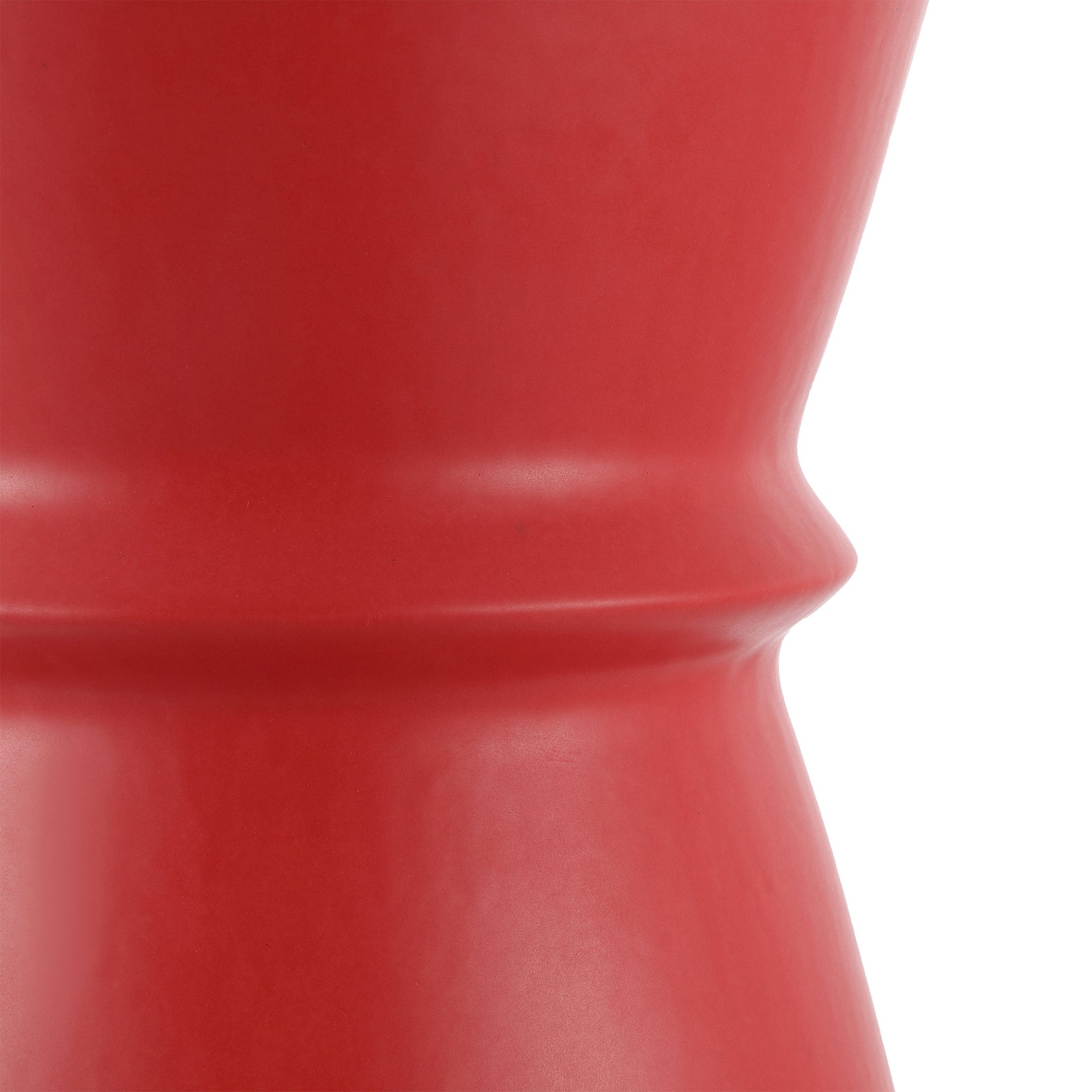A sculpted ring cinches the middle of this bright red ceramic garden stool. || ACS4601C || detail_studio