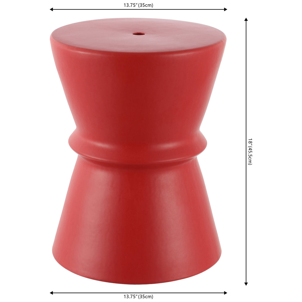 The bright red ceramic garden stool measures 13.75 inches wide and 18 inches tall. || ACS4601C || dimension_studio