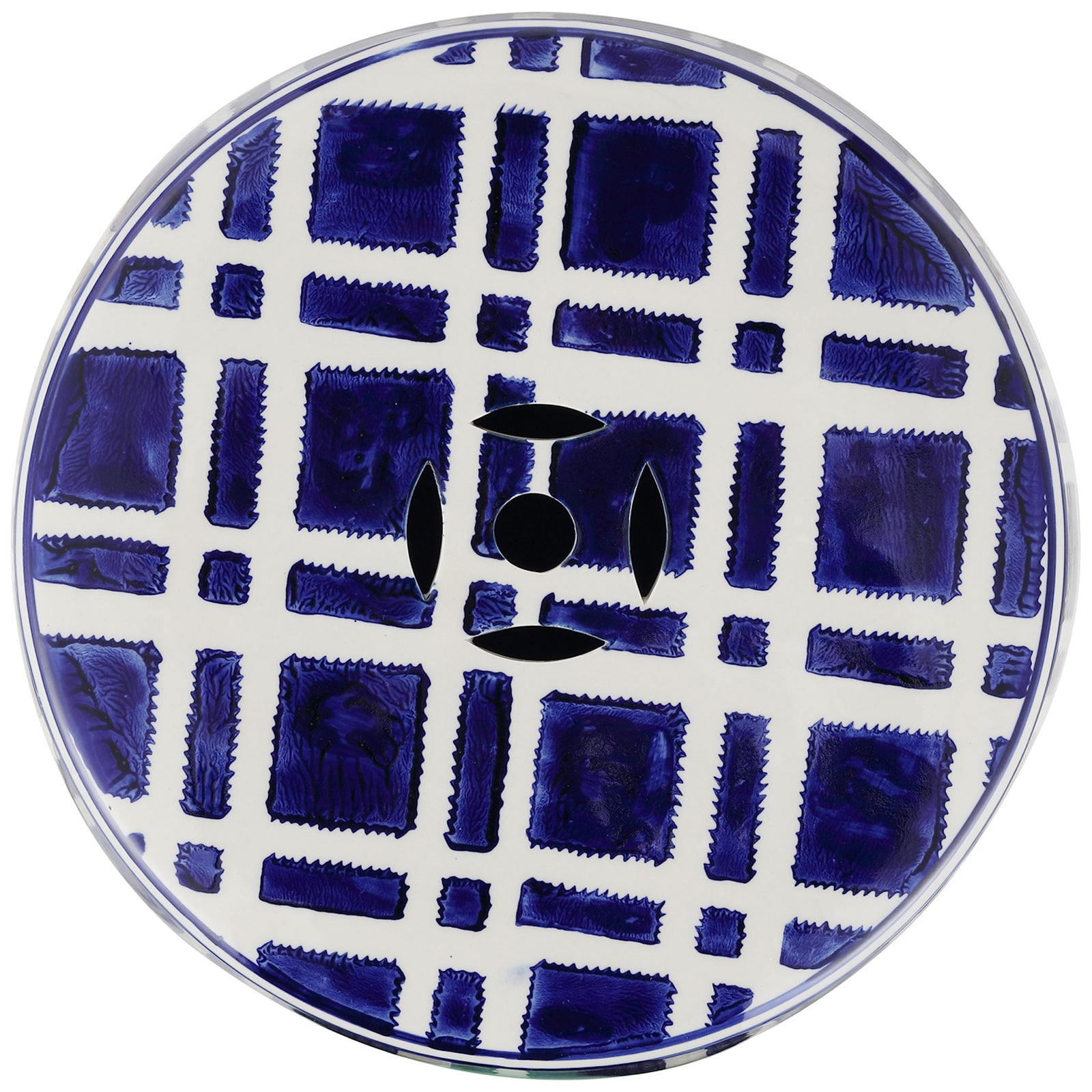 A navy and white grid covers the round ceramic top, with decorative openings at the center || ACS4602A || top_studio