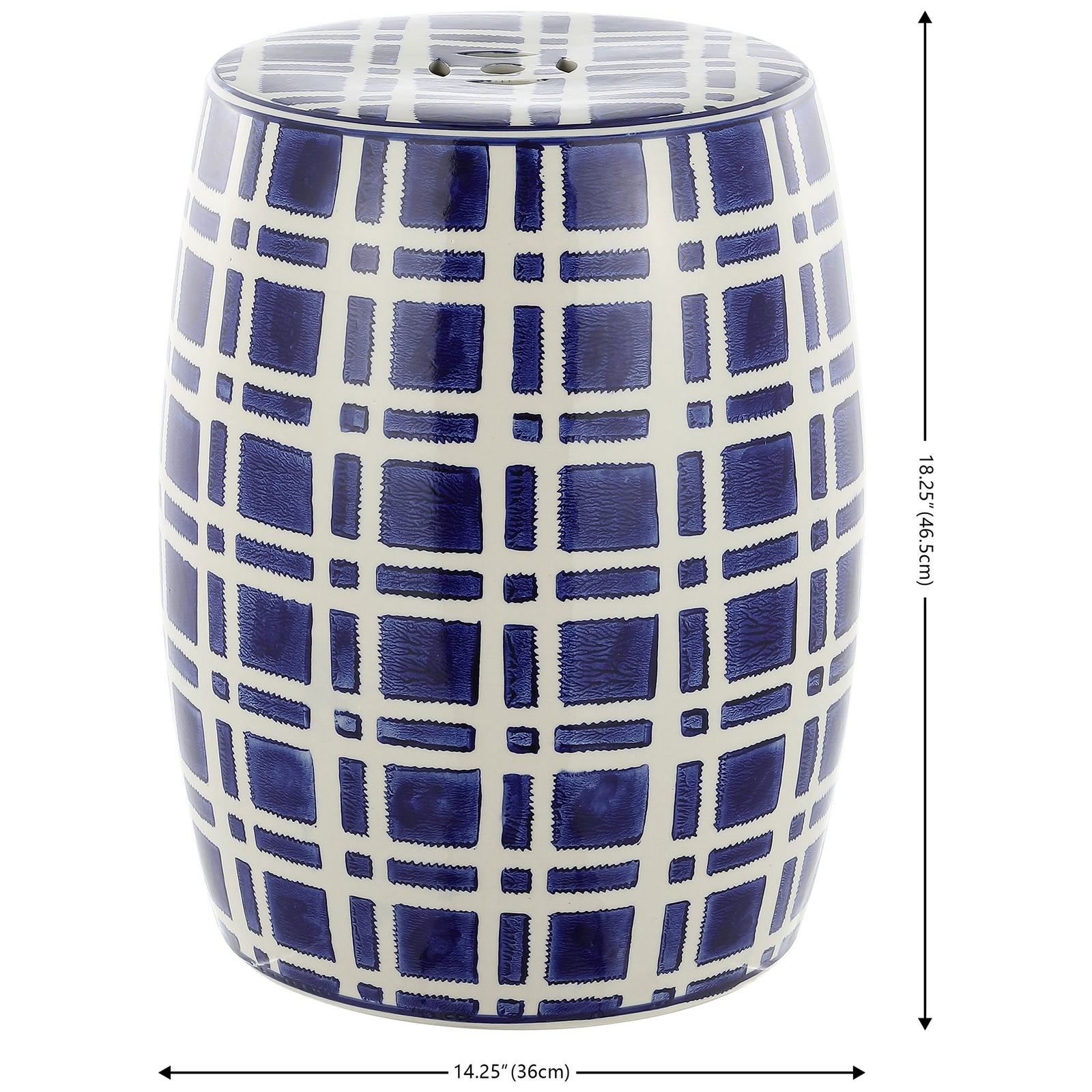 This navy and white ceramic garden stool measures 14.25 inches wide and 18.25 inches tall || ACS4602A || dimension_studio