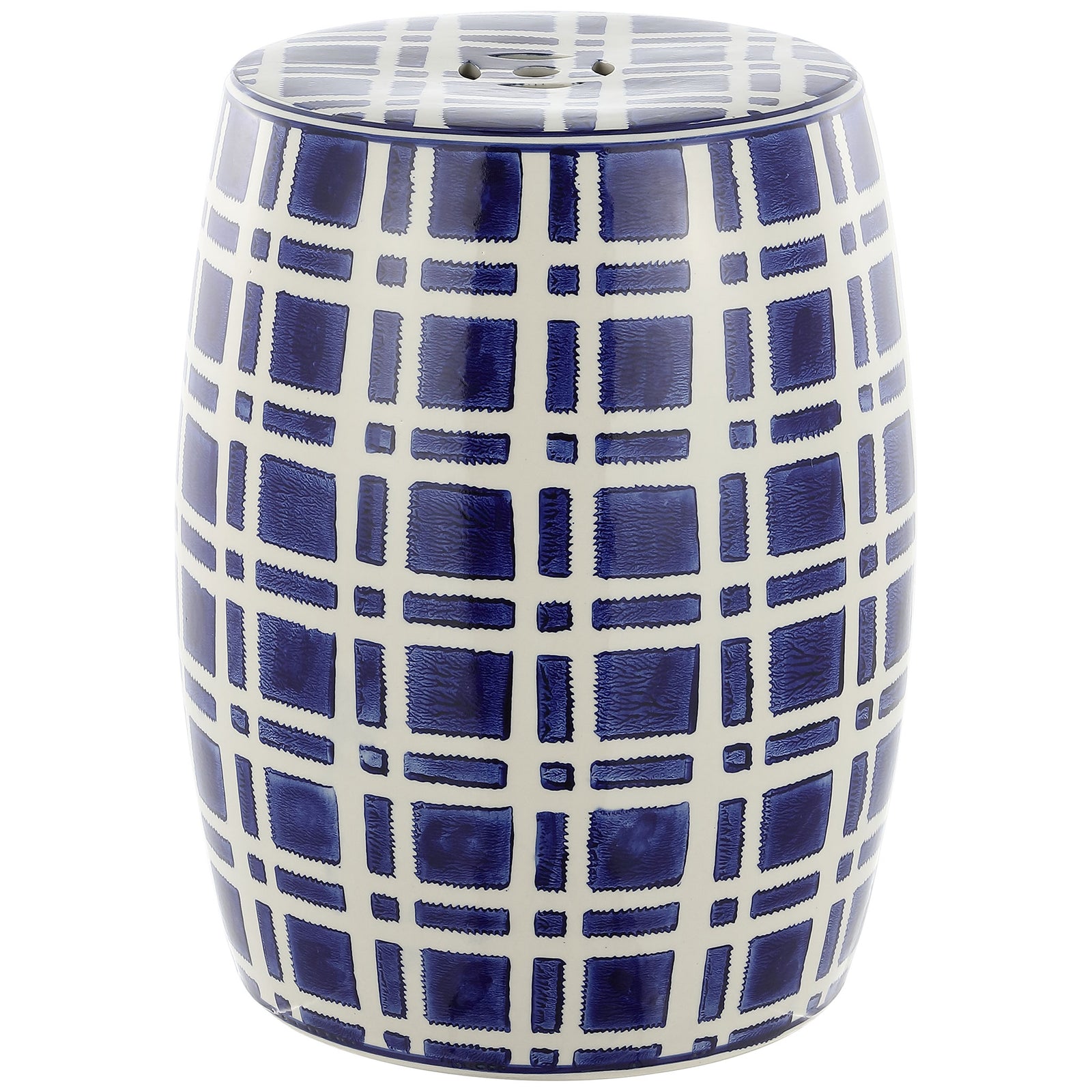 A glossy navy and white grid gives this rounded ceramic garden stool graphic appeal || ACS4602A || front_angle_studio