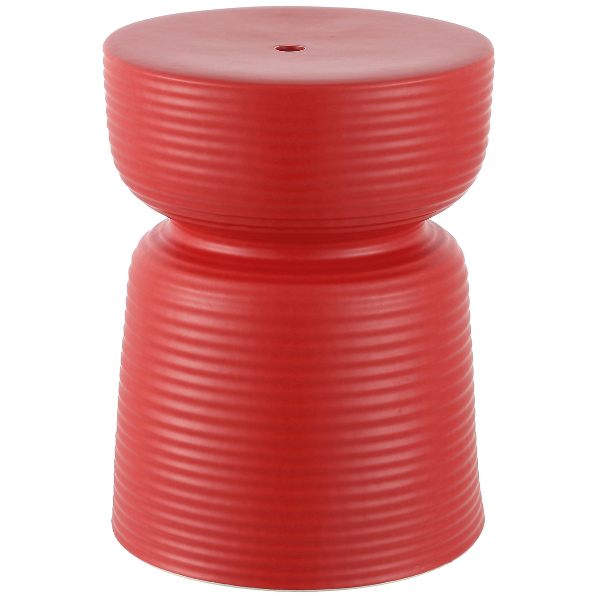 Bright red ceramic garden stool features a narrow waist, round top, and fine horizontal ridges || ACS4605C || front_studio
