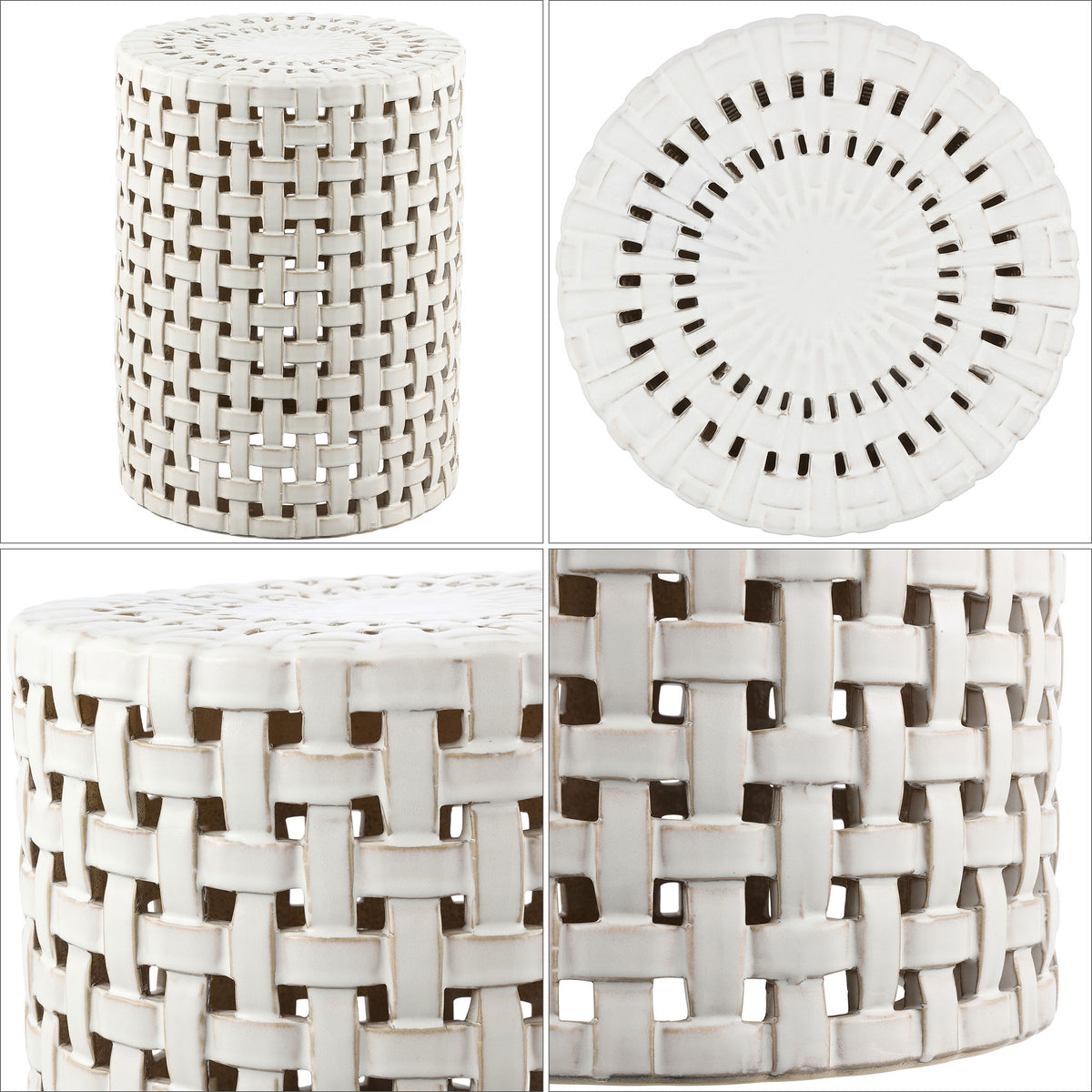 Cream ceramic stool features basket-weave latticework and a round top with pierced details