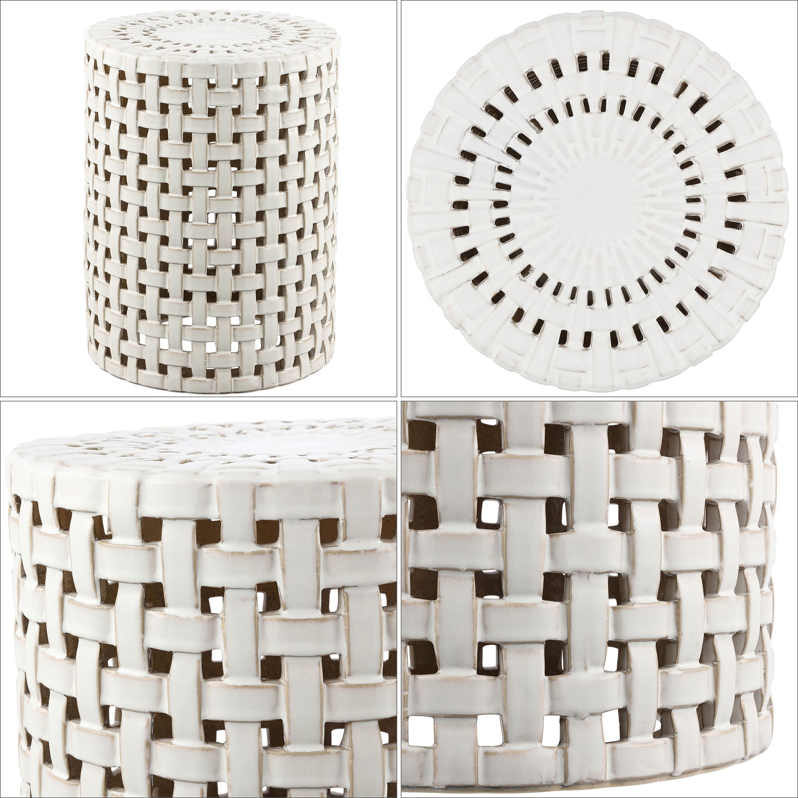 Cream ceramic stool features basket-weave latticework and a round top with pierced details || ACS4606A || detail_studio