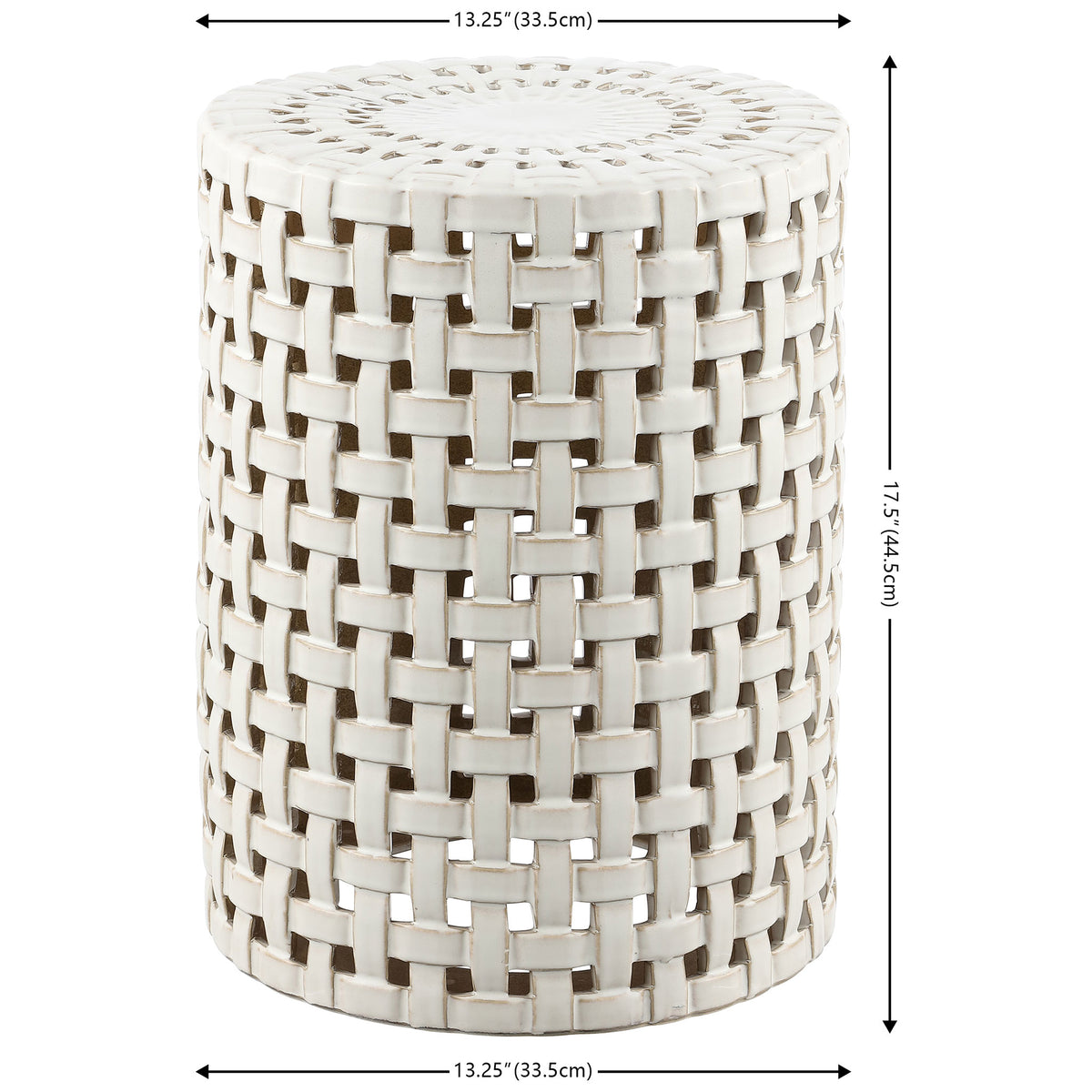 Cream ceramic garden stool measures 13.25 inches across and stands 17.5 inches tall || ACS4606A || dimension_studio