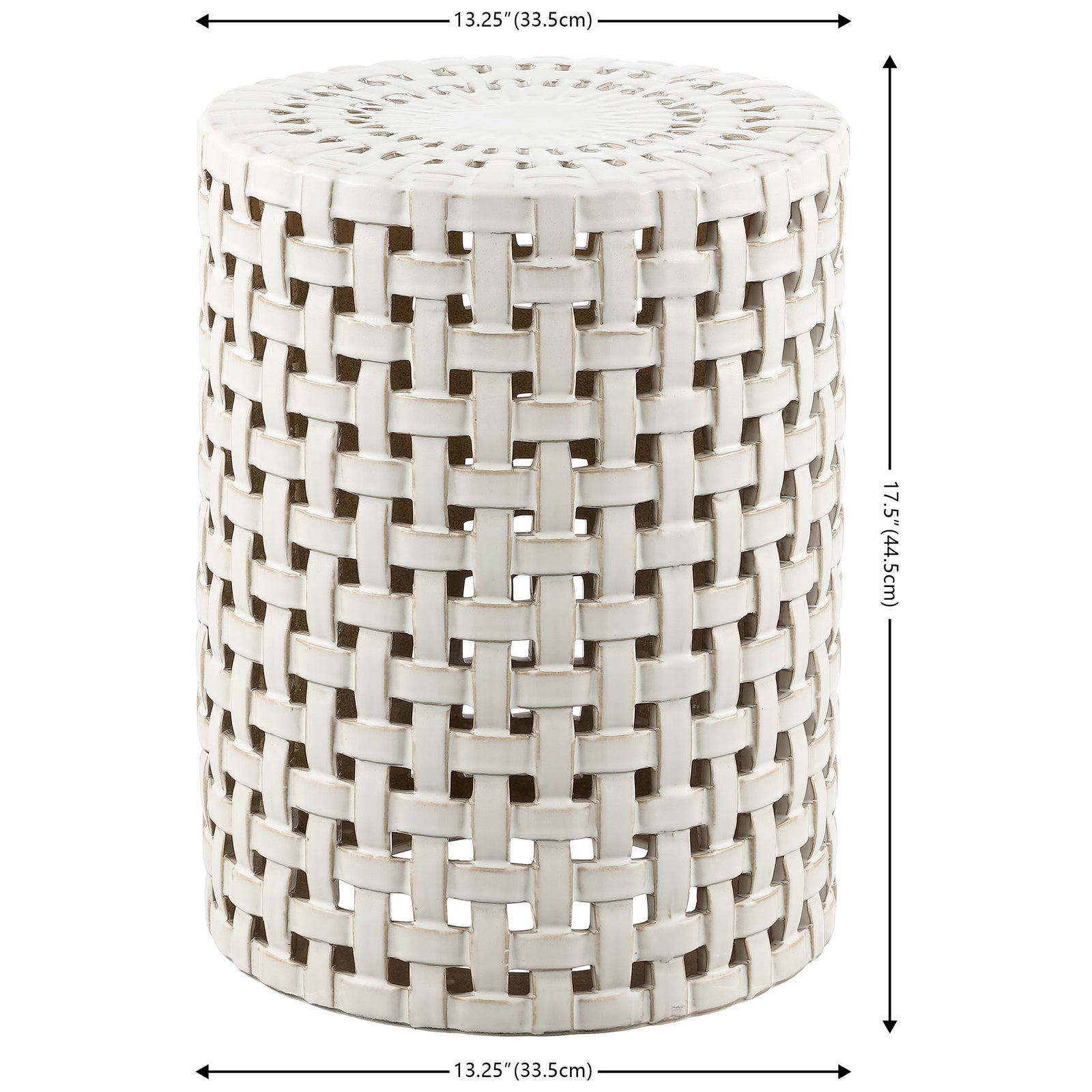 Cream ceramic garden stool measures 13.25 inches across and stands 17.5 inches tall || ACS4606A || dimension_studio