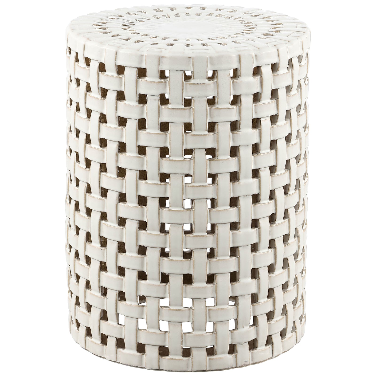Cream ceramic garden stool pairs a cylindrical silhouette with an airy basket-weave design || ACS4606A || front_studio