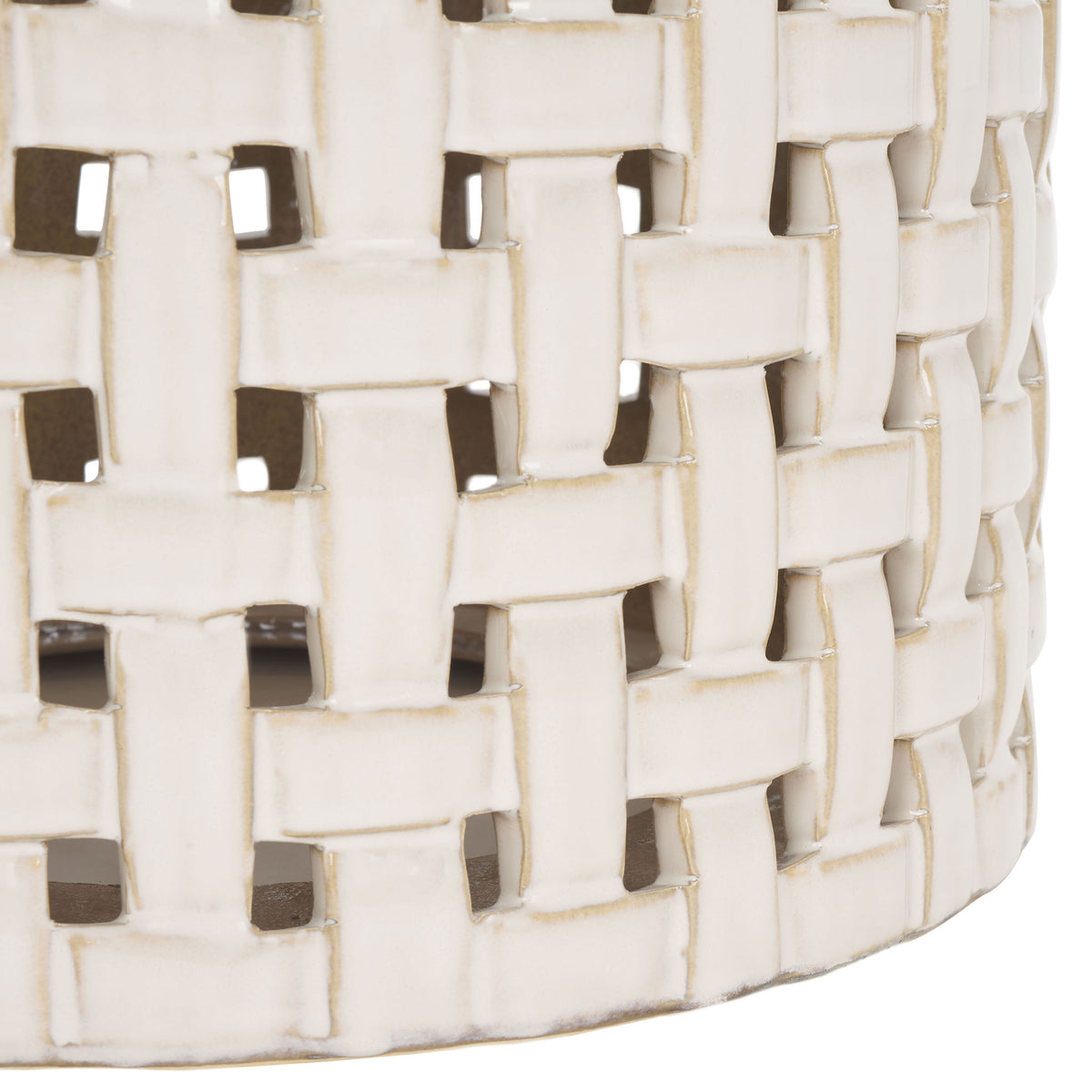 A rounded cream ceramic base supports the stool's open basket-weave lattice || ACS4606A || leg_studio