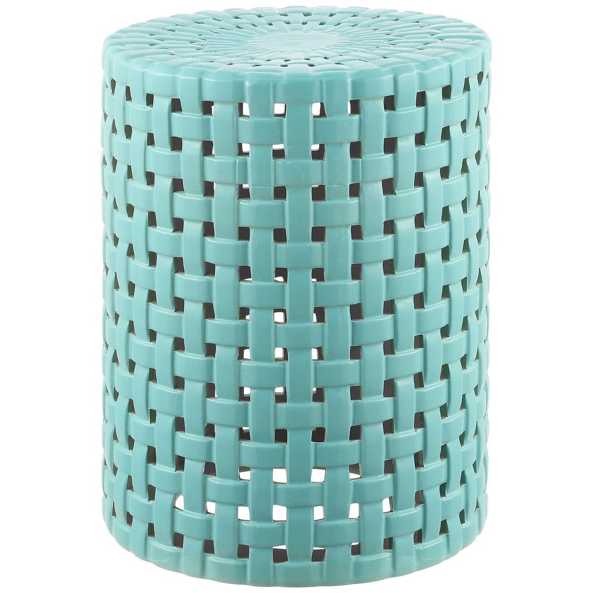 Robin's egg blue ceramic garden stool showcases a glossy glaze and open basket-weave sides || ACS4606B || front_studio