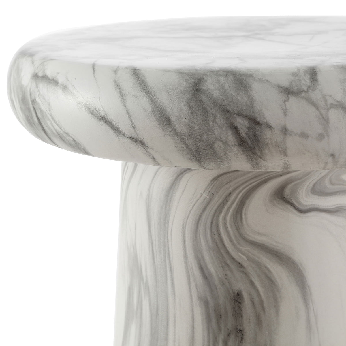 Marble-look veining accents the rounded seat and tapered pedestal of this ceramic stool.