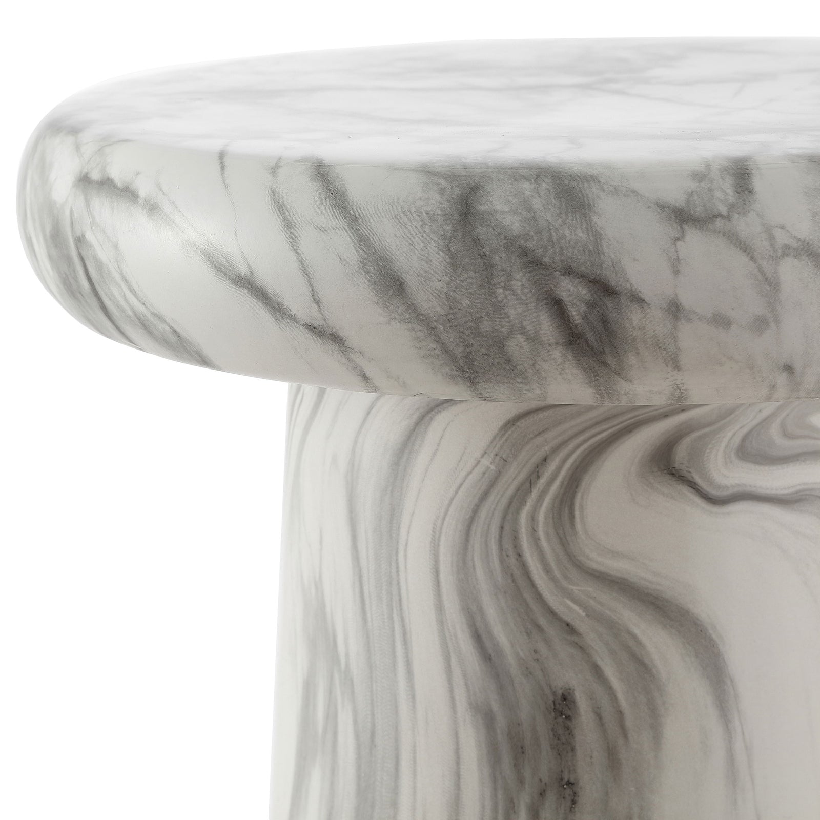 Marble-look veining accents the rounded seat and tapered pedestal of this ceramic stool. || ACS4607A || detail_studio