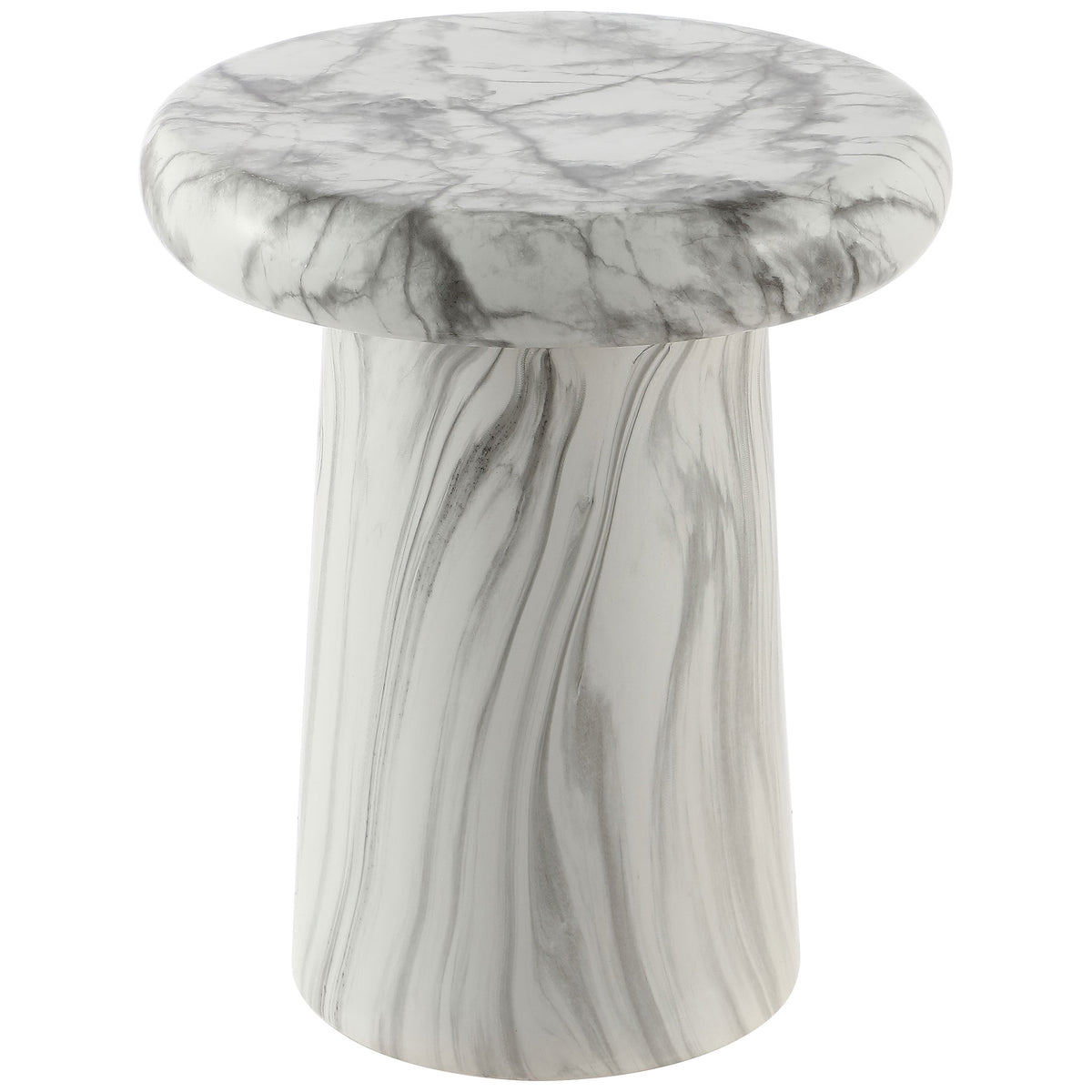 A white ceramic garden stool pairs gray marble-look veining with a broad, rounded seat. || ACS4607A || front_studio