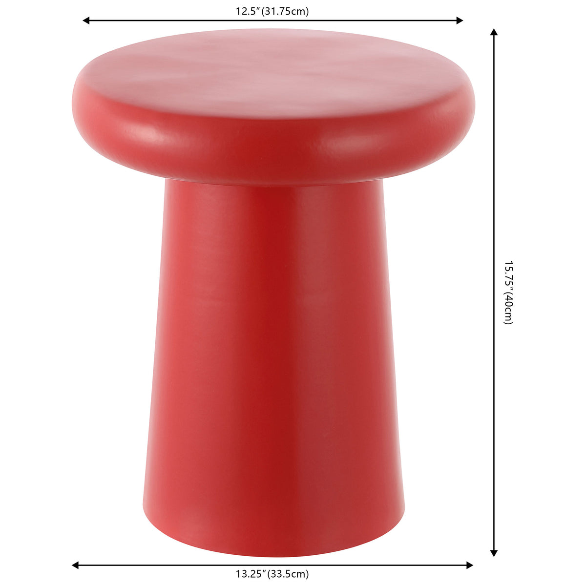 The bright red stool stands 15.75 inches tall, with a 12.5-inch seat and a 13.25-inch base. || ACS4607E || dimension_studio