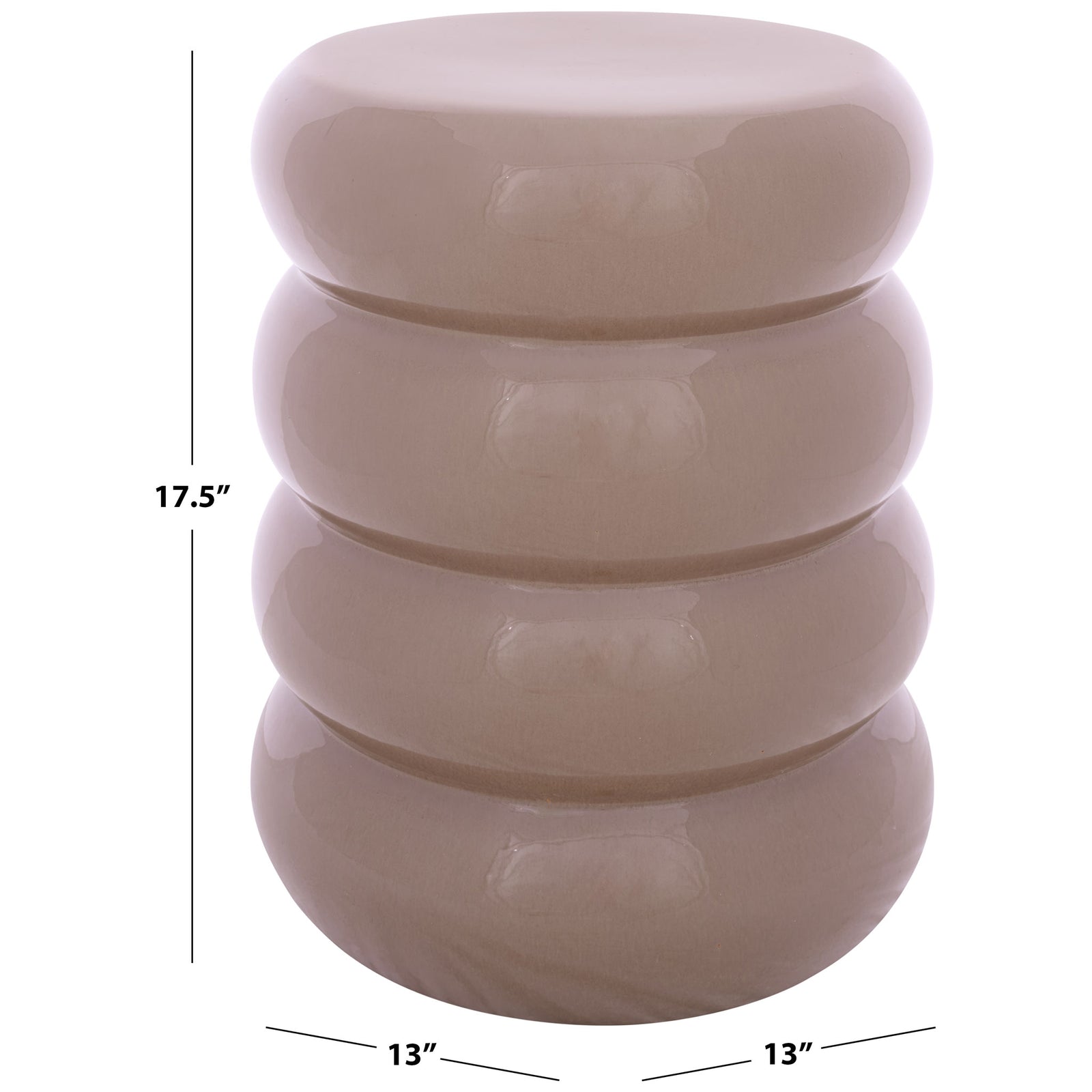 Glossy taupe ceramic garden stool measures 13 inches wide and 17.5 inches tall. || ACS4608A || dimension_studio