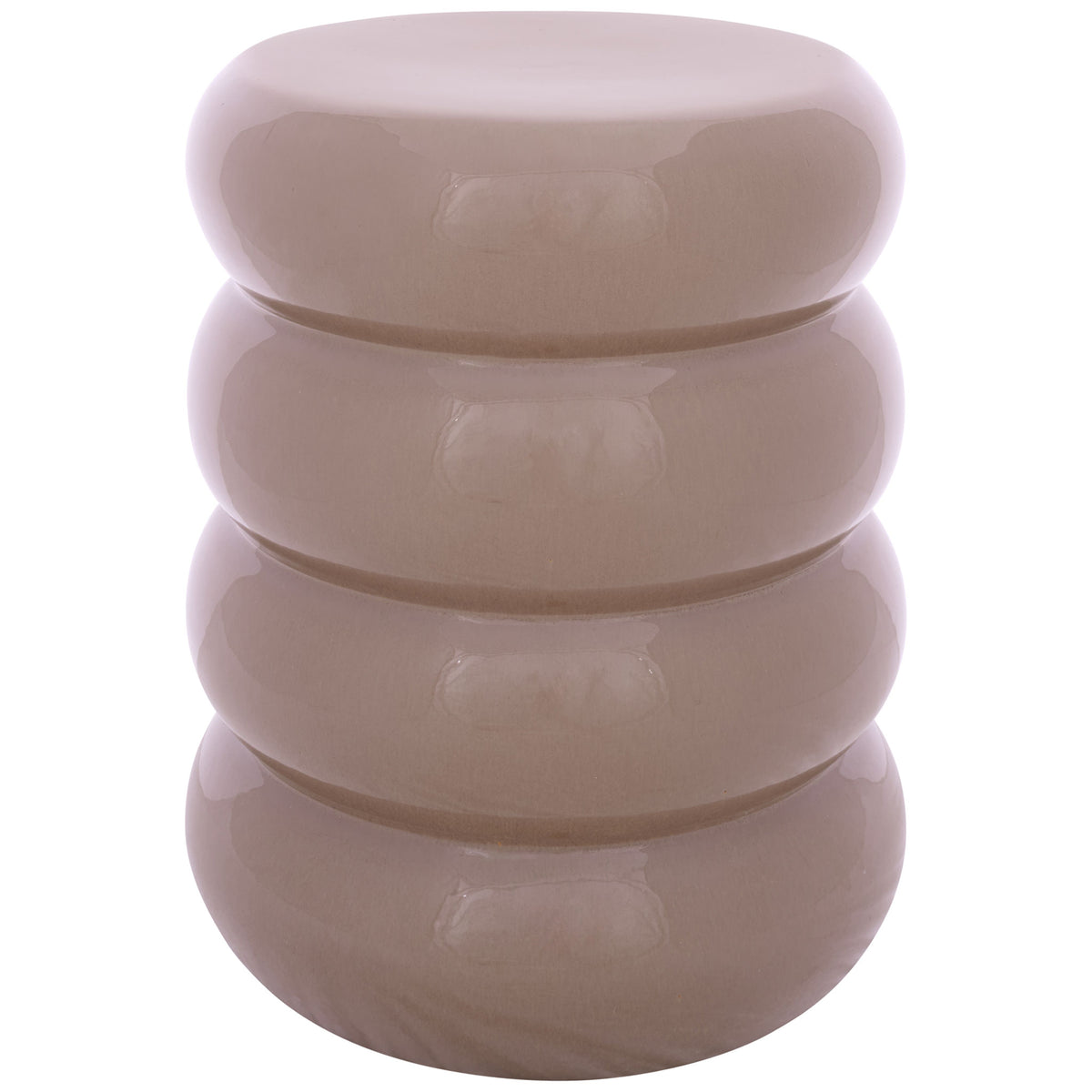 Glossy taupe ceramic garden stool features four stacked rounded tiers and a smooth top. || ACS4608A || front_studio