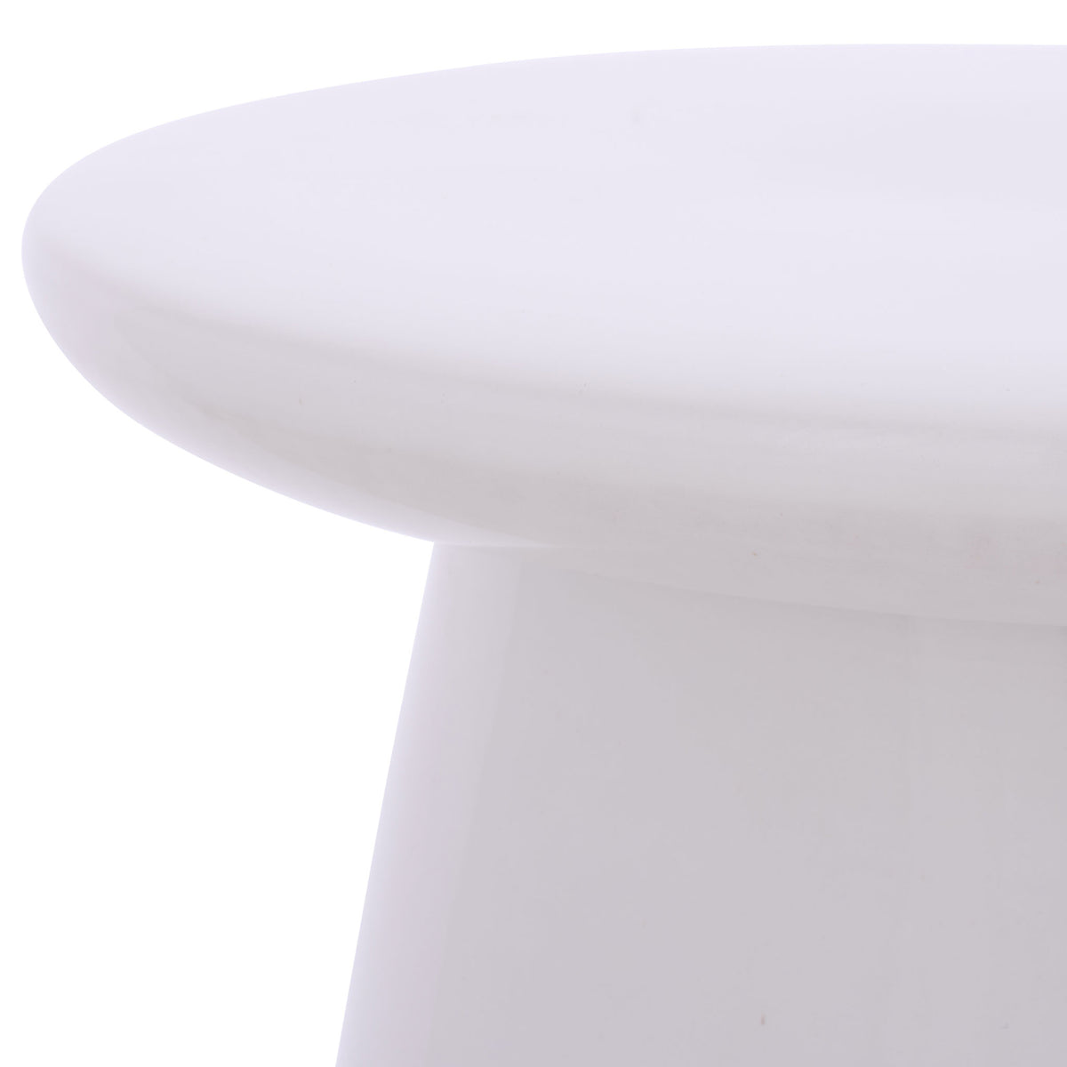 Light cream ceramic stool has a gently rounded tabletop edge and a smooth tapered pedestal. || ACS4609A || detail_studio