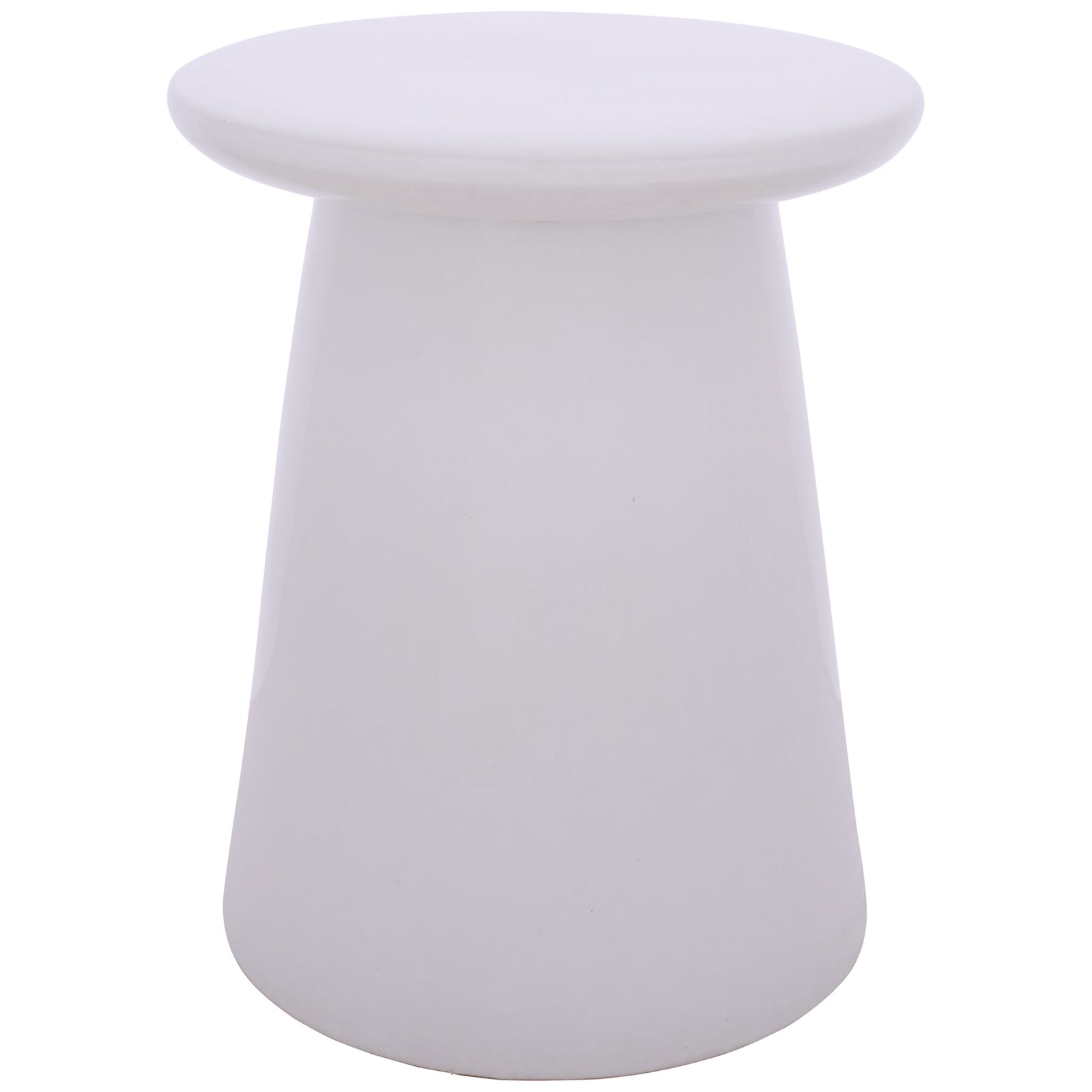 Light cream ceramic stool pairs a broad, rounded top with a gently tapered pedestal base. || ACS4609A || front_studio