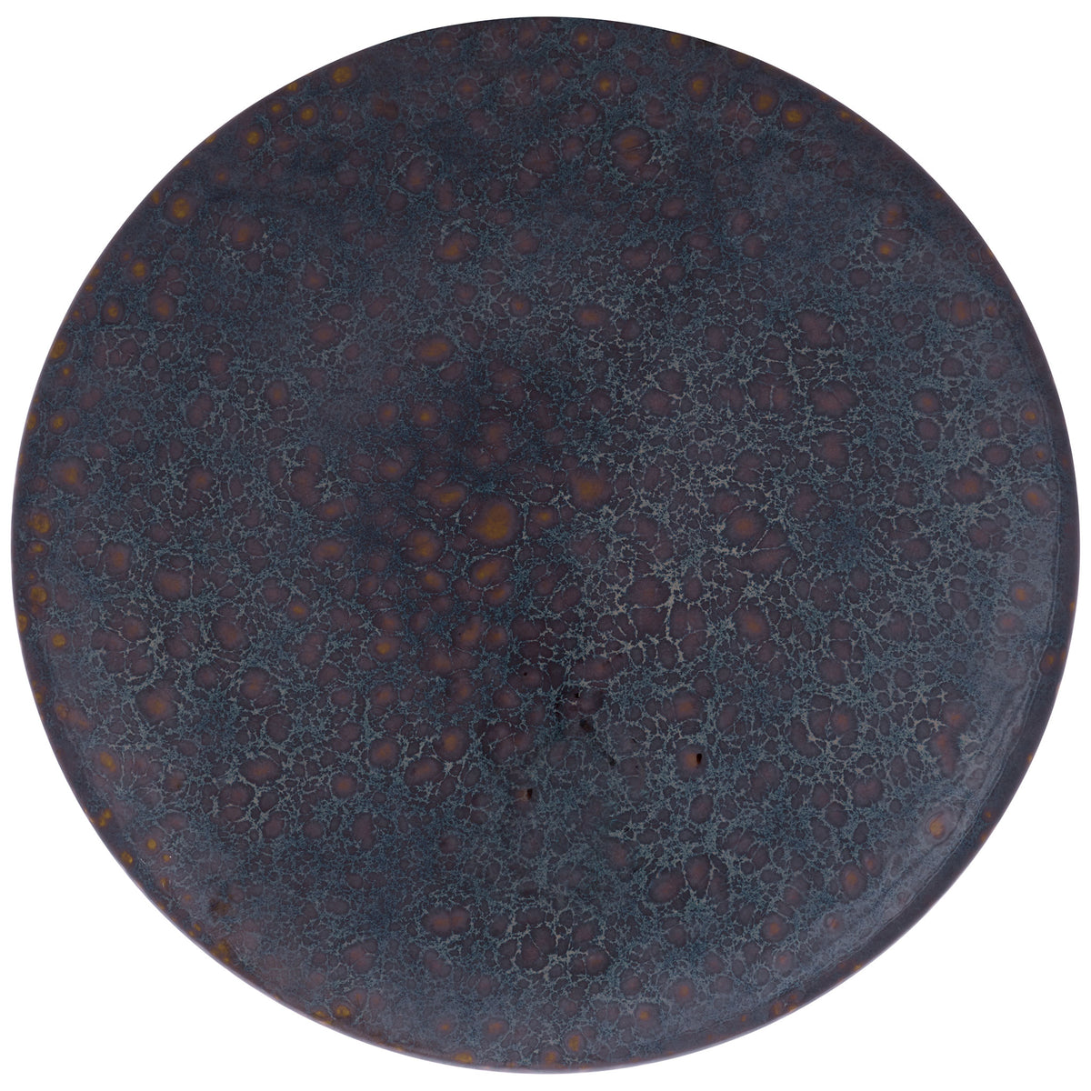 Round ceramic tabletop showcases a rich blue glaze flecked with rust-colored speckles. || ACS4609B || top_studio